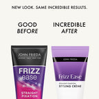 John Frieda hair straightening cream with ThermaGuard heat protection label details.