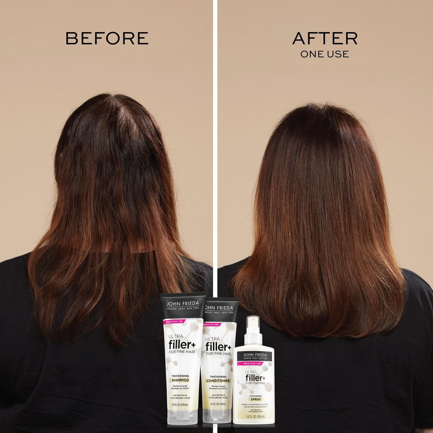 USA imported John Frieda hair thickening spray bottle standing upright.