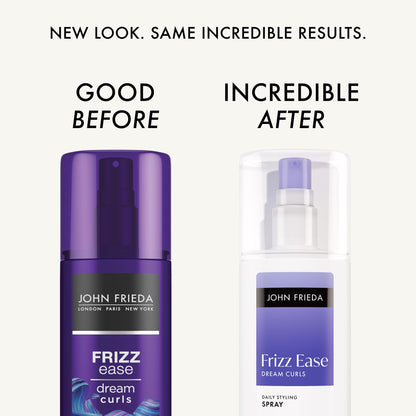 John Frieda Frizz Ease curly hair spray bottle showing magnesium enriched formula details