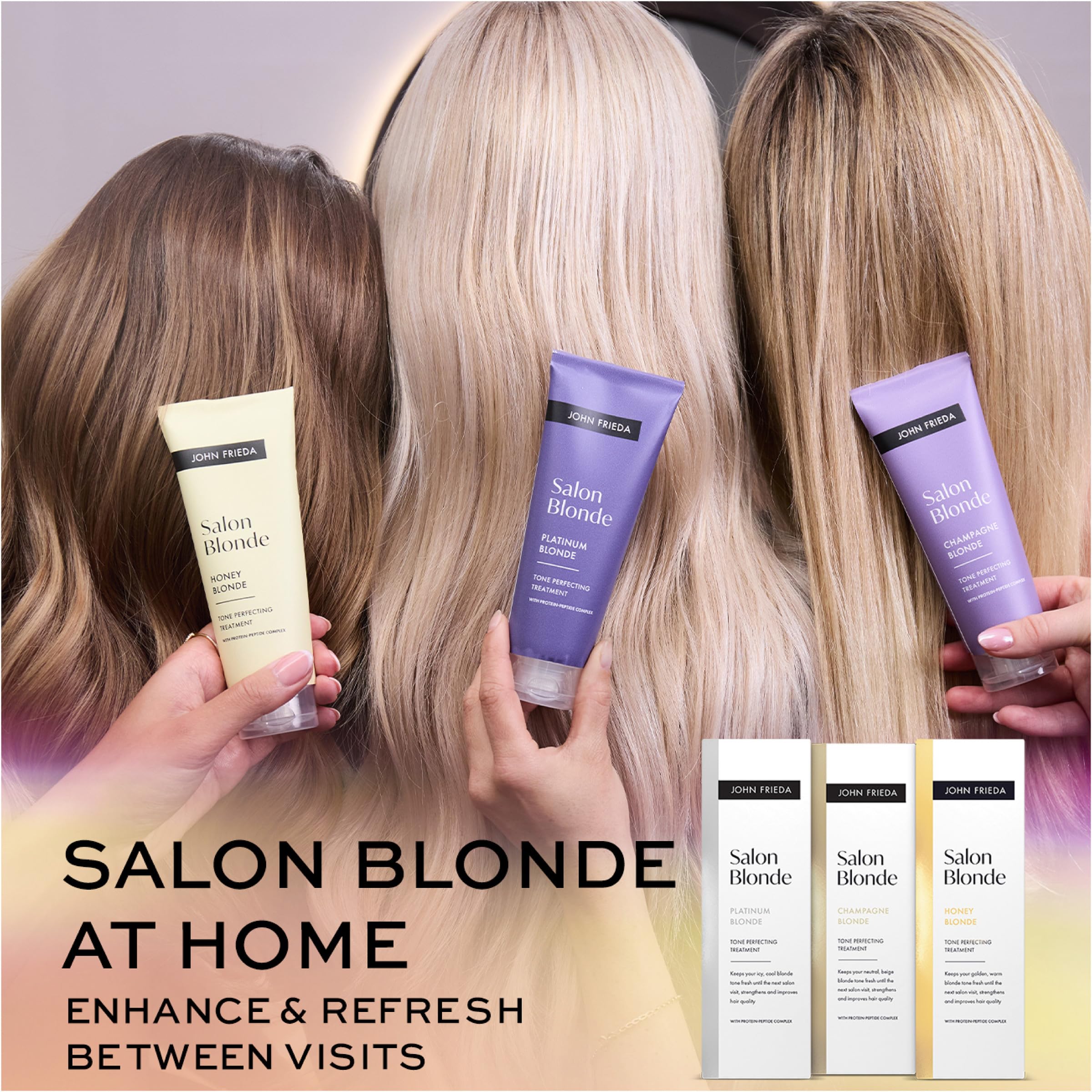Close up of John Frieda Champagne Blonde treatment branding