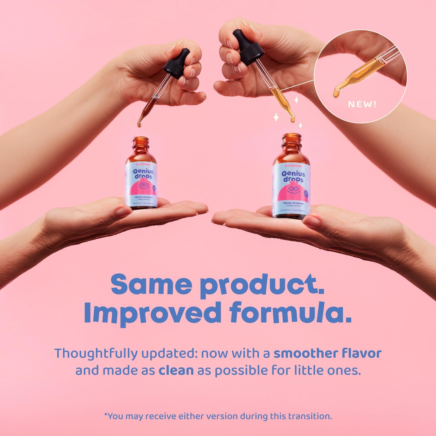 JoySpring Genius Drops liquid supplement bottle with dropper cap exposed showing clear herbal formula