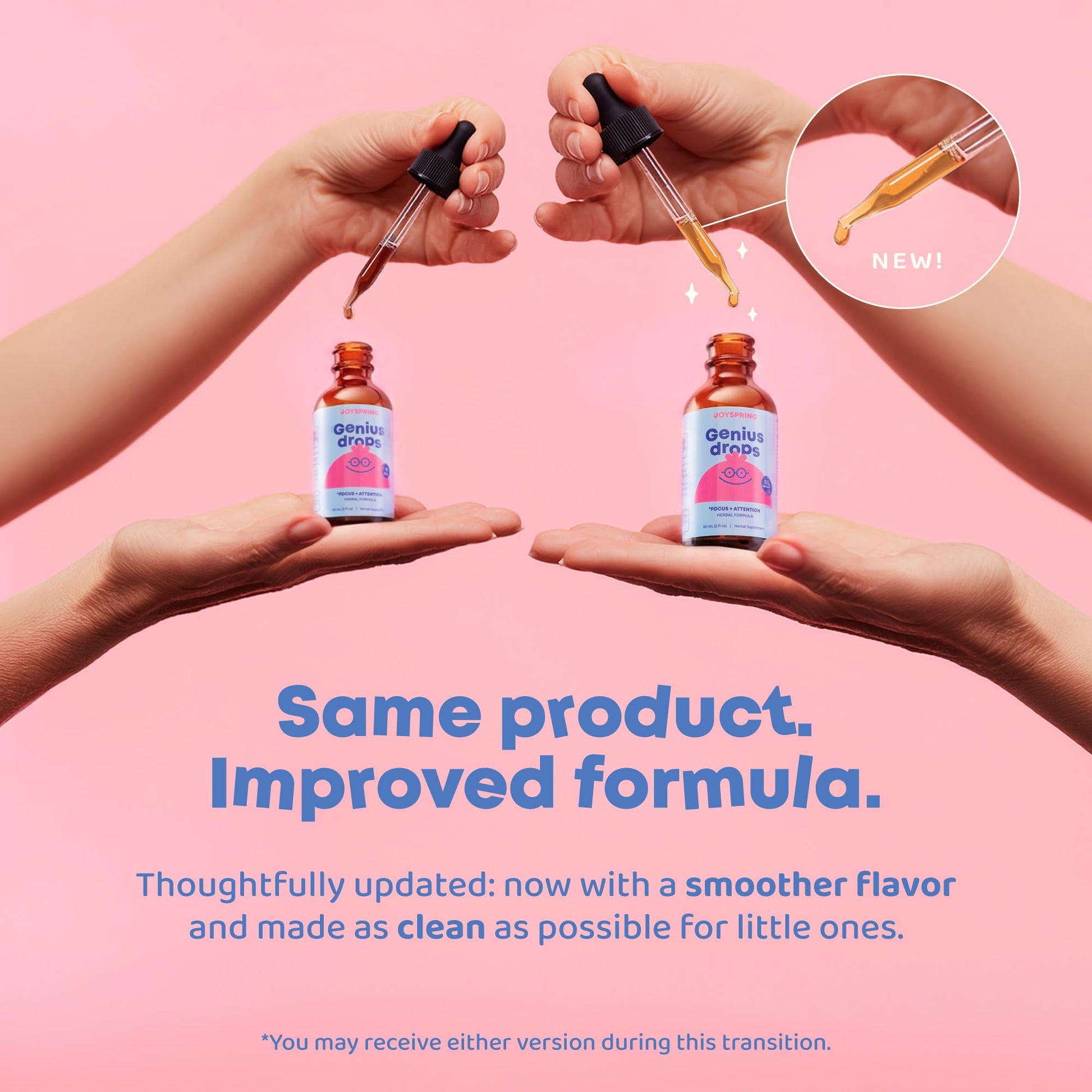 JoySpring Genius Drops liquid supplement bottle with dropper cap exposed showing clear herbal formula