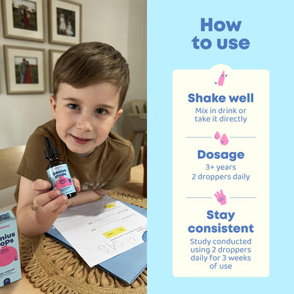 JoySpring Genius Drops kids brain supplement bottle displayed next to fresh peppermint and herbal ingredients