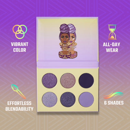 Close up shot of highly pigmented purple eyeshadow pans in The Violets palette