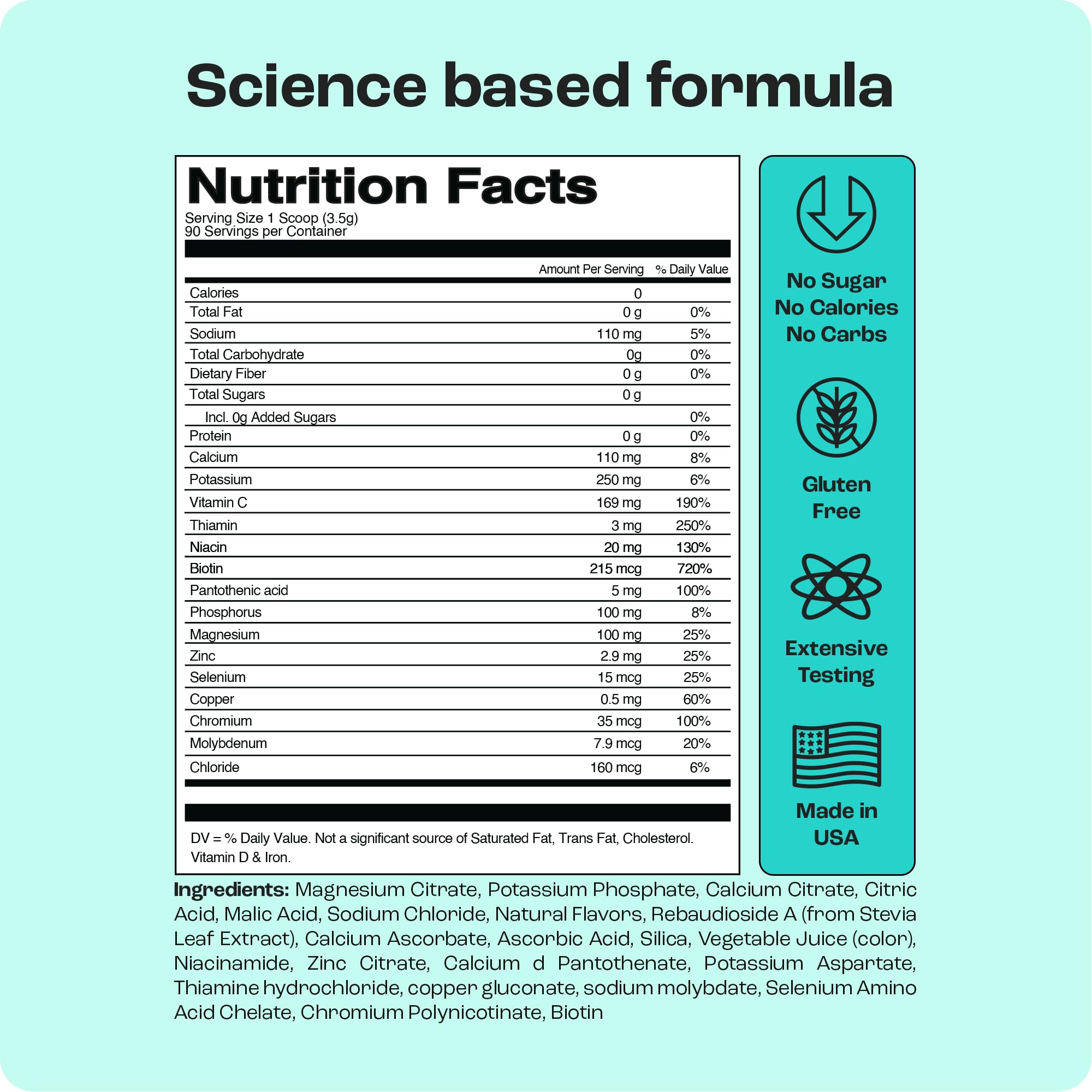 Key Nutrients zero sugar hydration powder nutritional facts label closeup