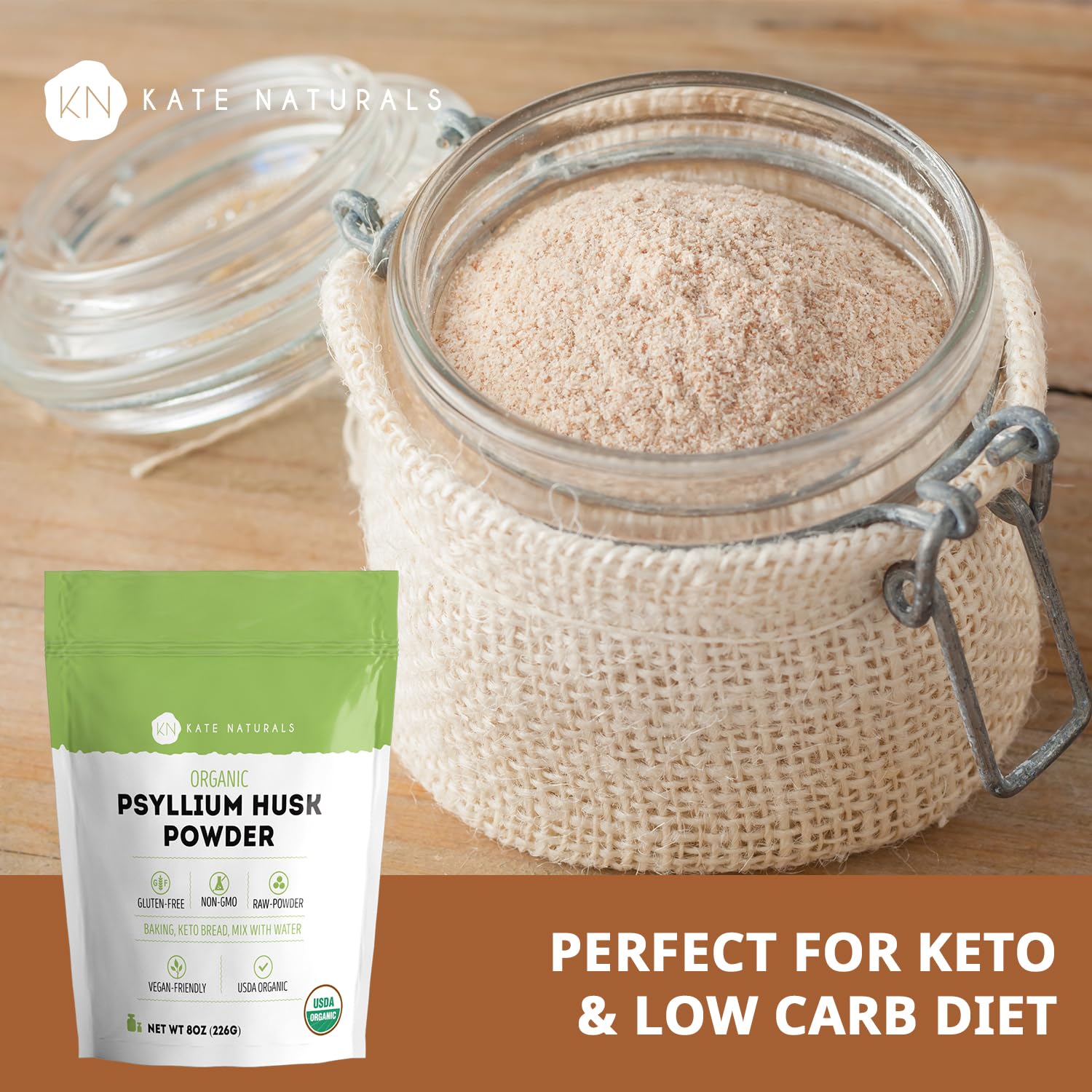 Kate Naturals psyllium husk powder USDA organic certification label