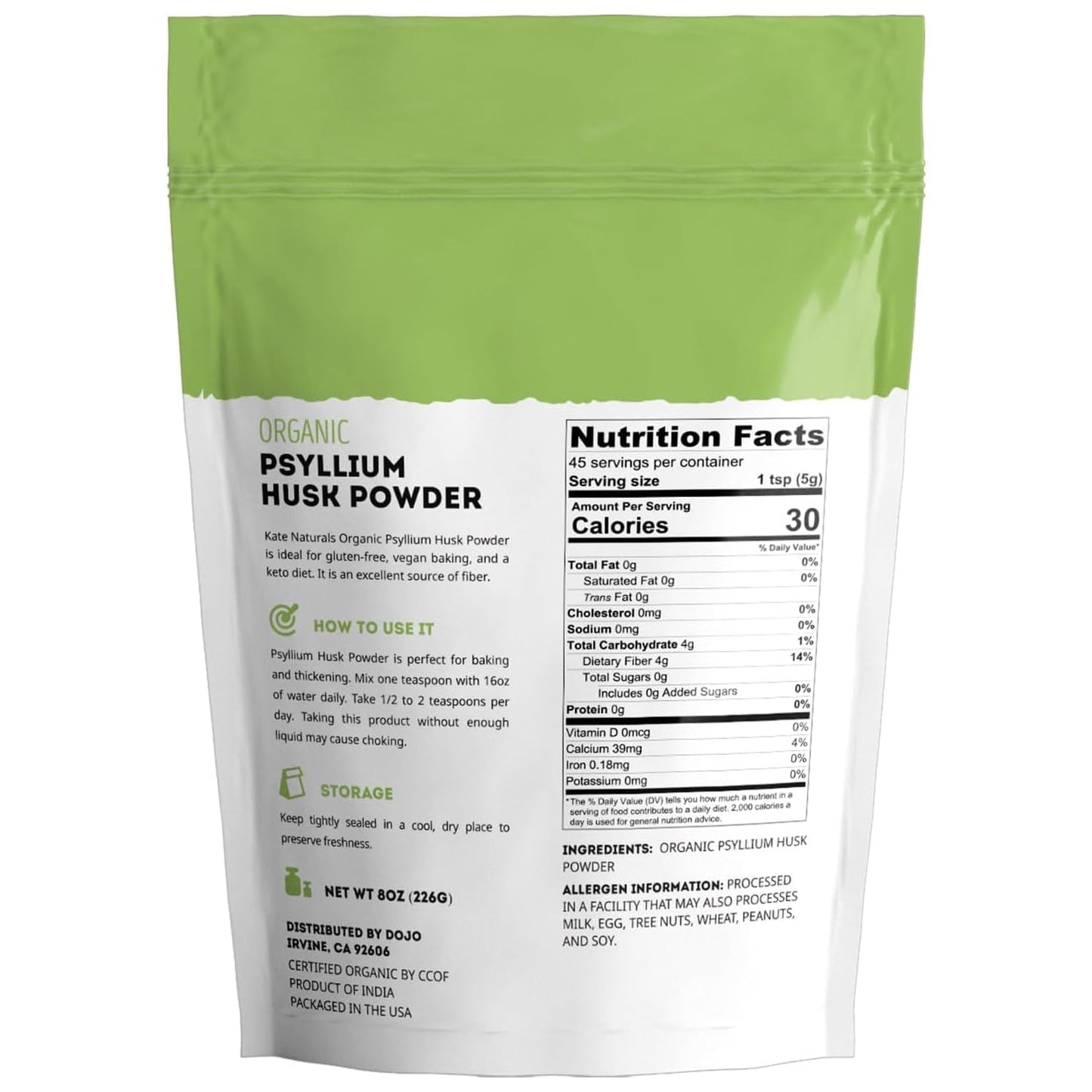 Kate Naturals organic psyllium husk powder resealable bag packaging