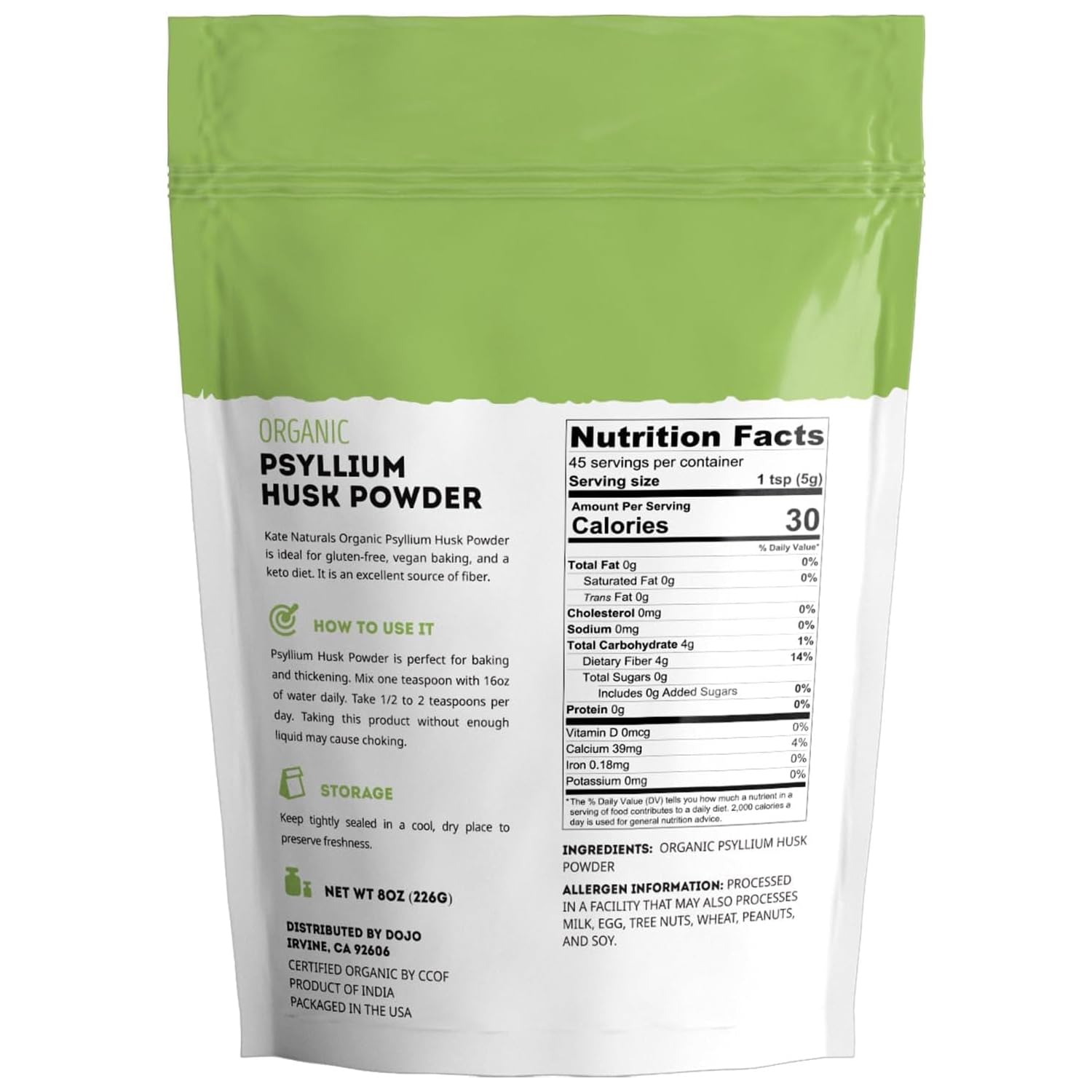 Kate Naturals organic psyllium husk powder resealable bag packaging