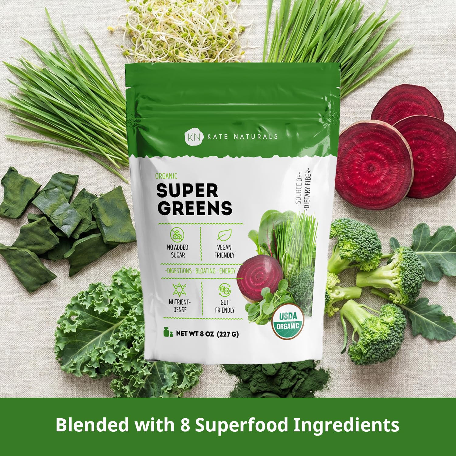 Nutrient dense green supplement powder showing organic spirulina and wheatgrass ingredients list