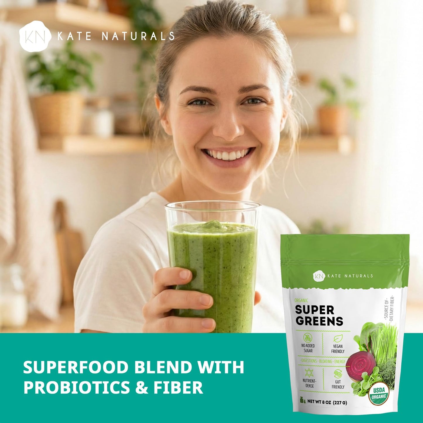 Daily superfood powder mix being scooped for digestive health smoothie preparation