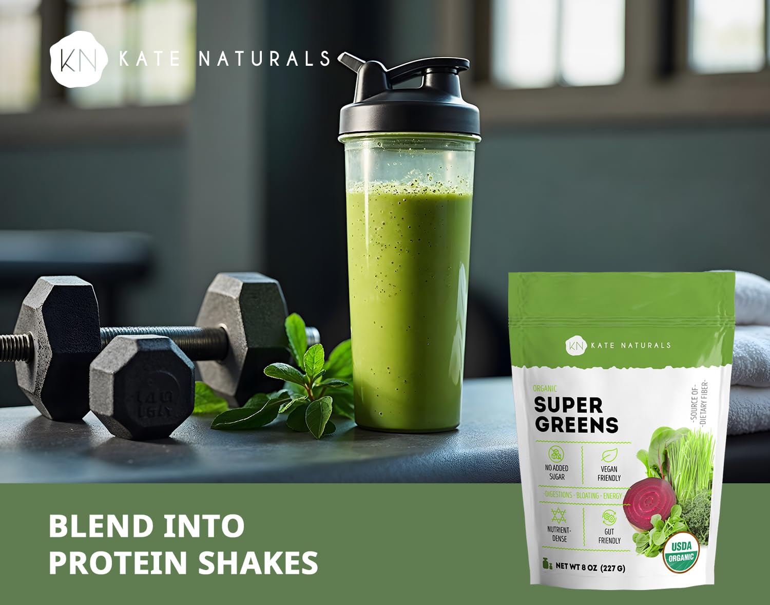 Premium vegan friendly non GMO super greens dietary supplement bottle display