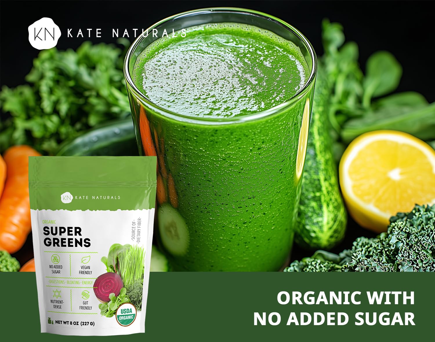 Organic greens formula with probiotics and fiber for natural gut health support