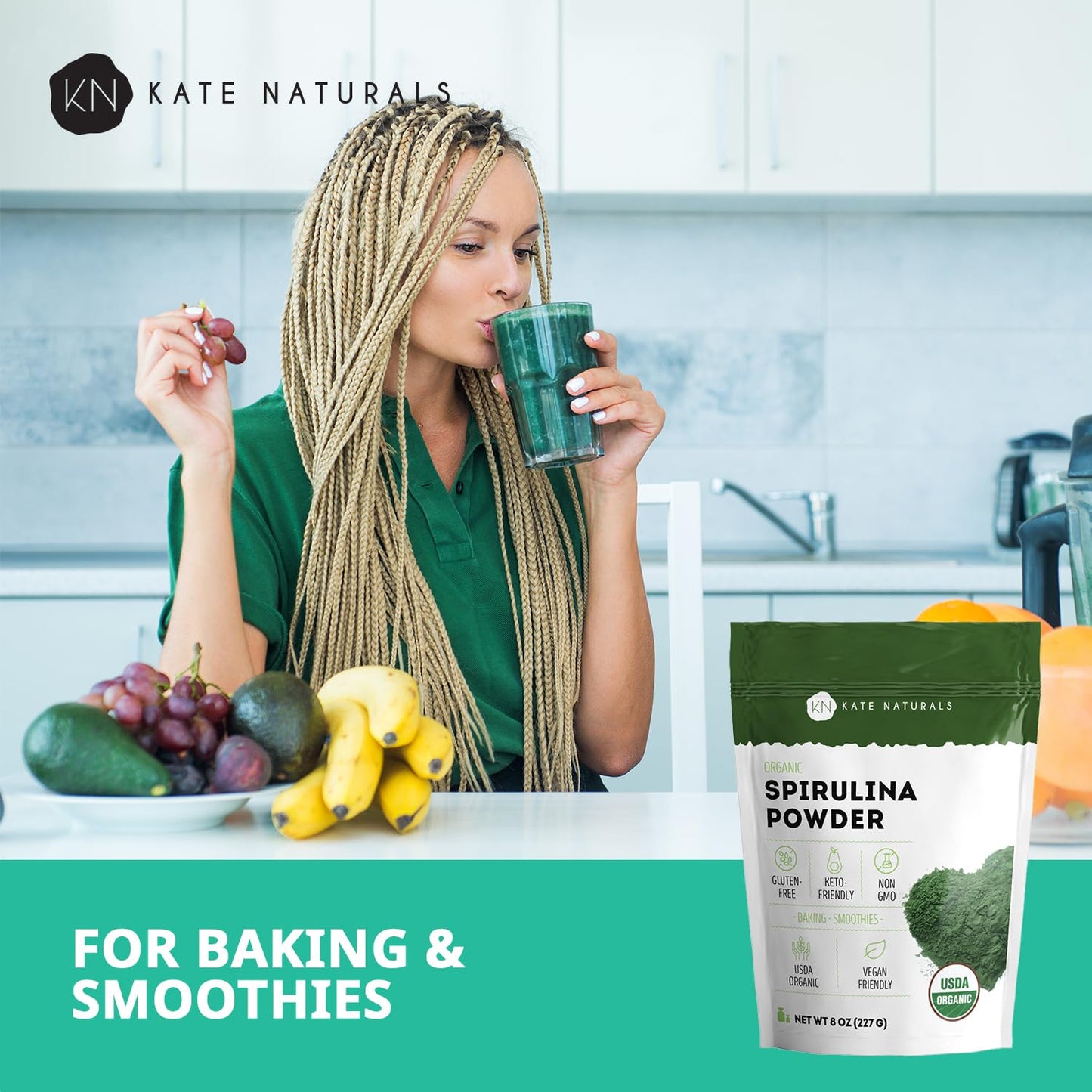Kate Naturals green superfood supplement powder texture close up