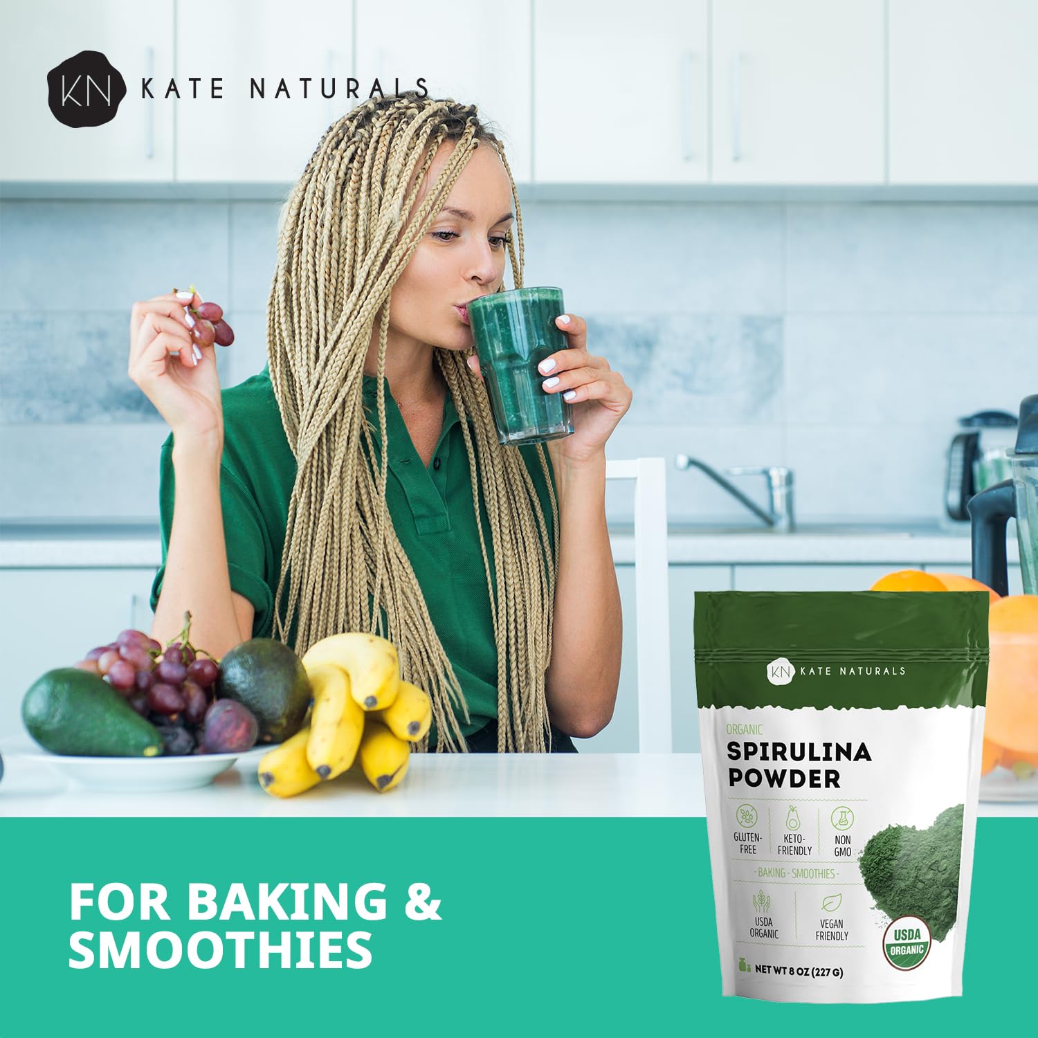 Kate Naturals green superfood supplement powder texture close up
