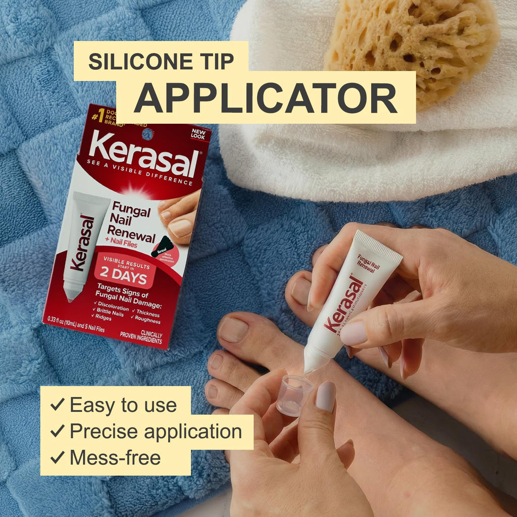 Kerasal nail renewal ointment being applied to a discolored toenail