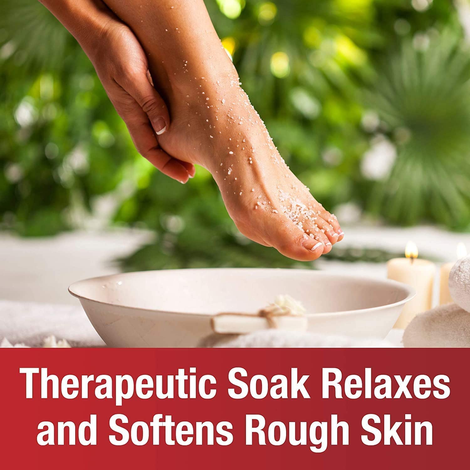 Authentic Kerasal foot bath treatment bag showing the natural tea tree oil ingredient callout.