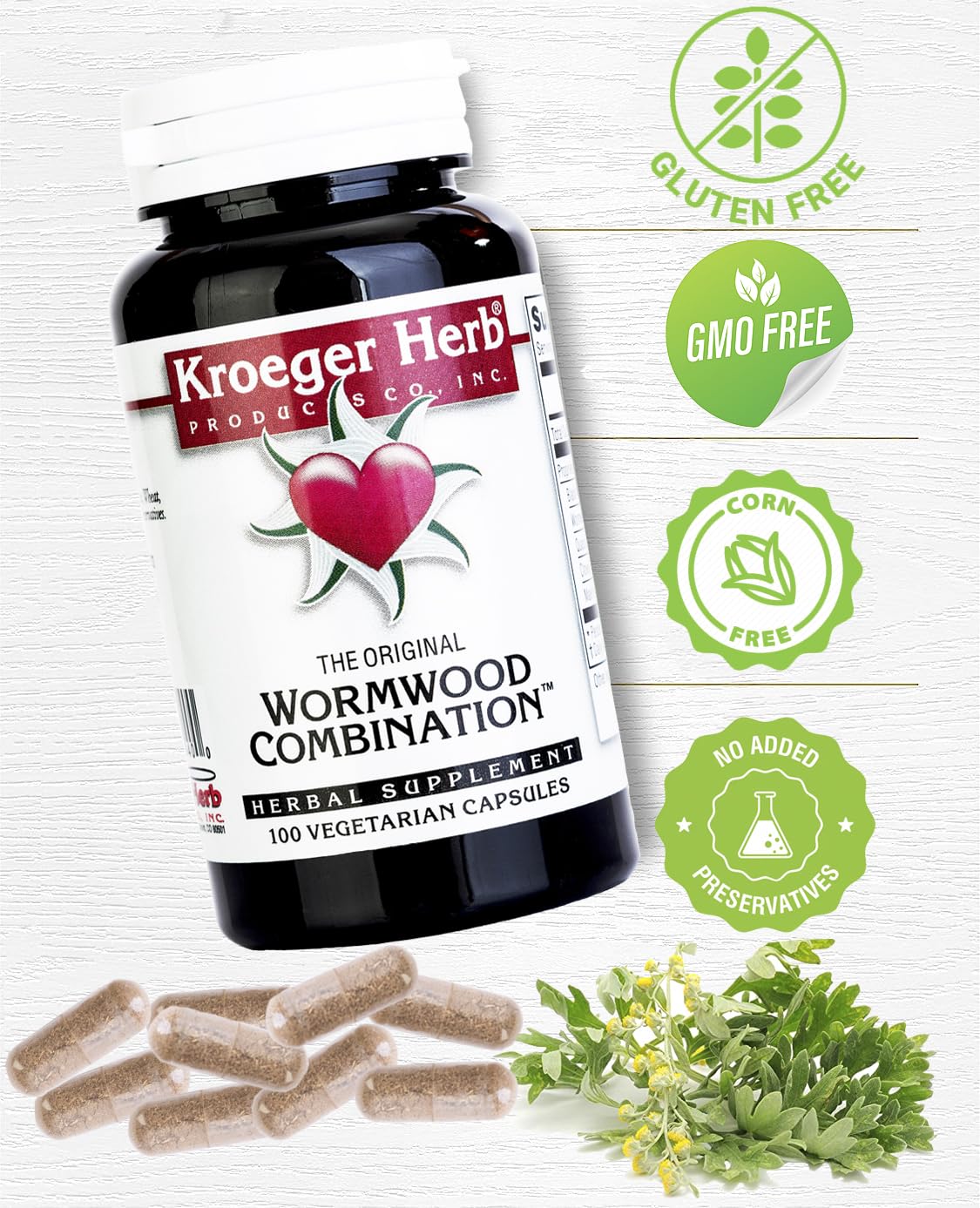 Back of Kroeger Herb Wormwood Combination bottle showing ingredients list
