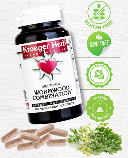 Back of Kroeger Herb Wormwood Combination bottle showing ingredients list
