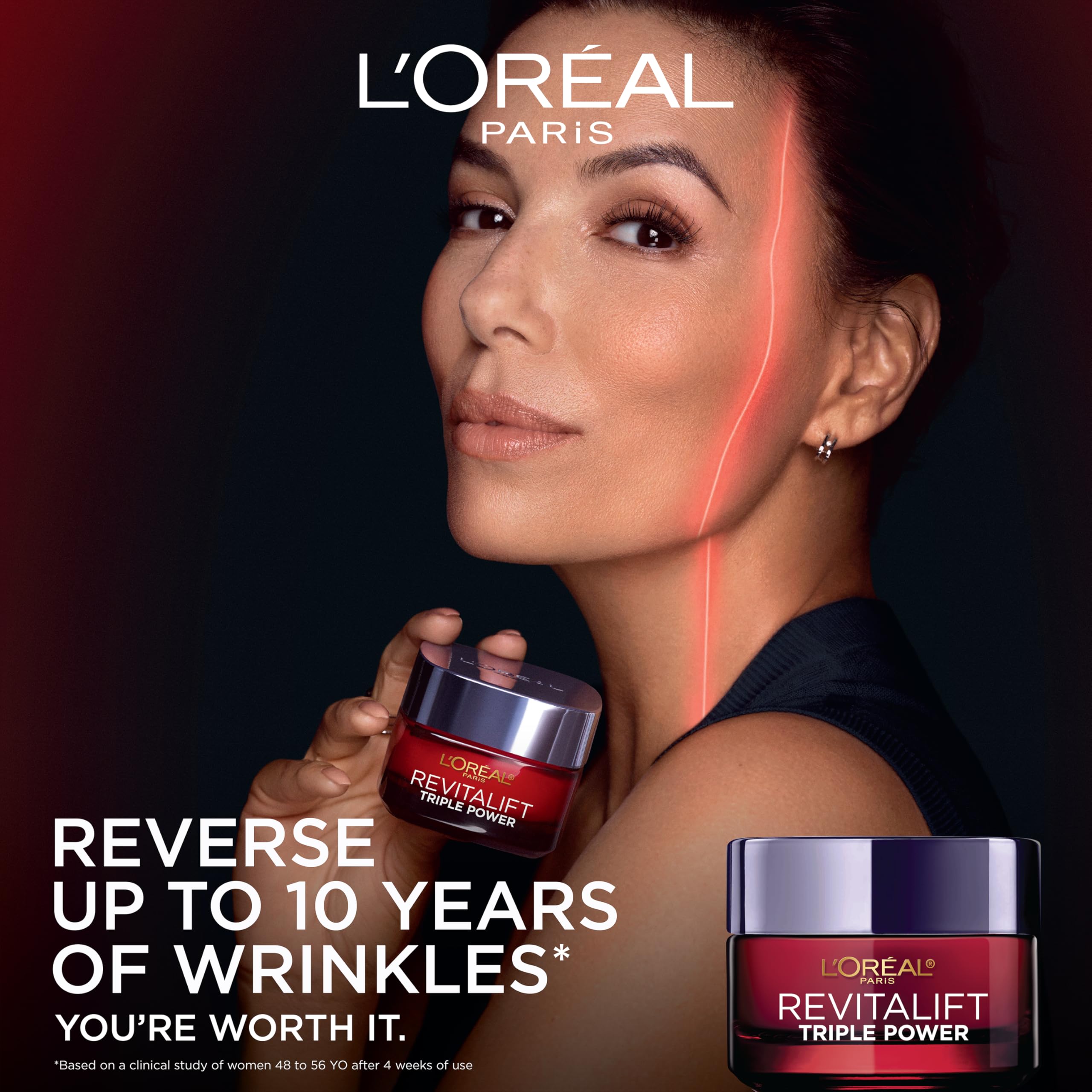 L'Oreal Paris Revitalift Triple Power daily face cream container on vanity table