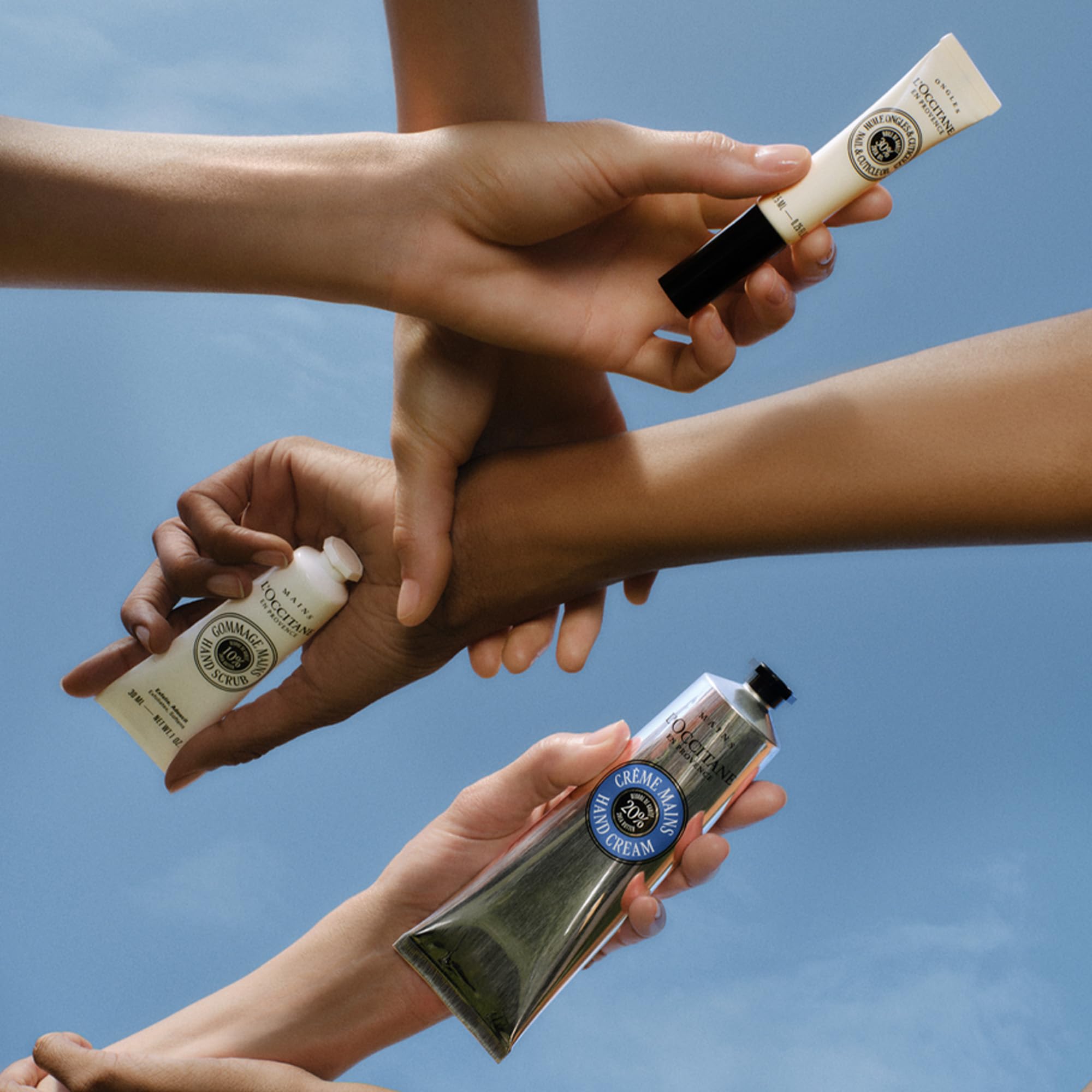 Close up of L'Occitane hand scrub packaging and branding