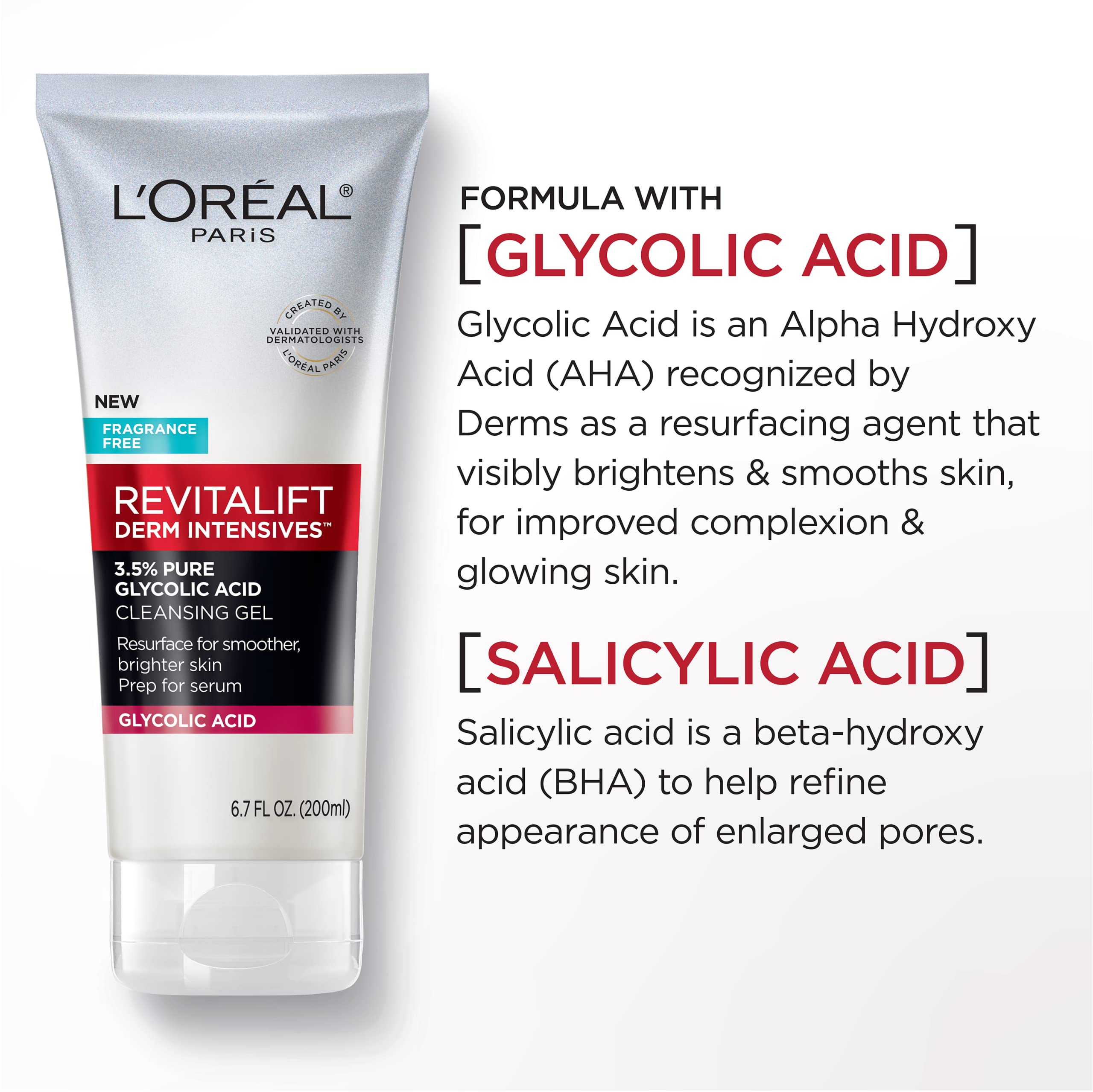 Loreal Paris glycolic acid face wash bottle showing active ingredients