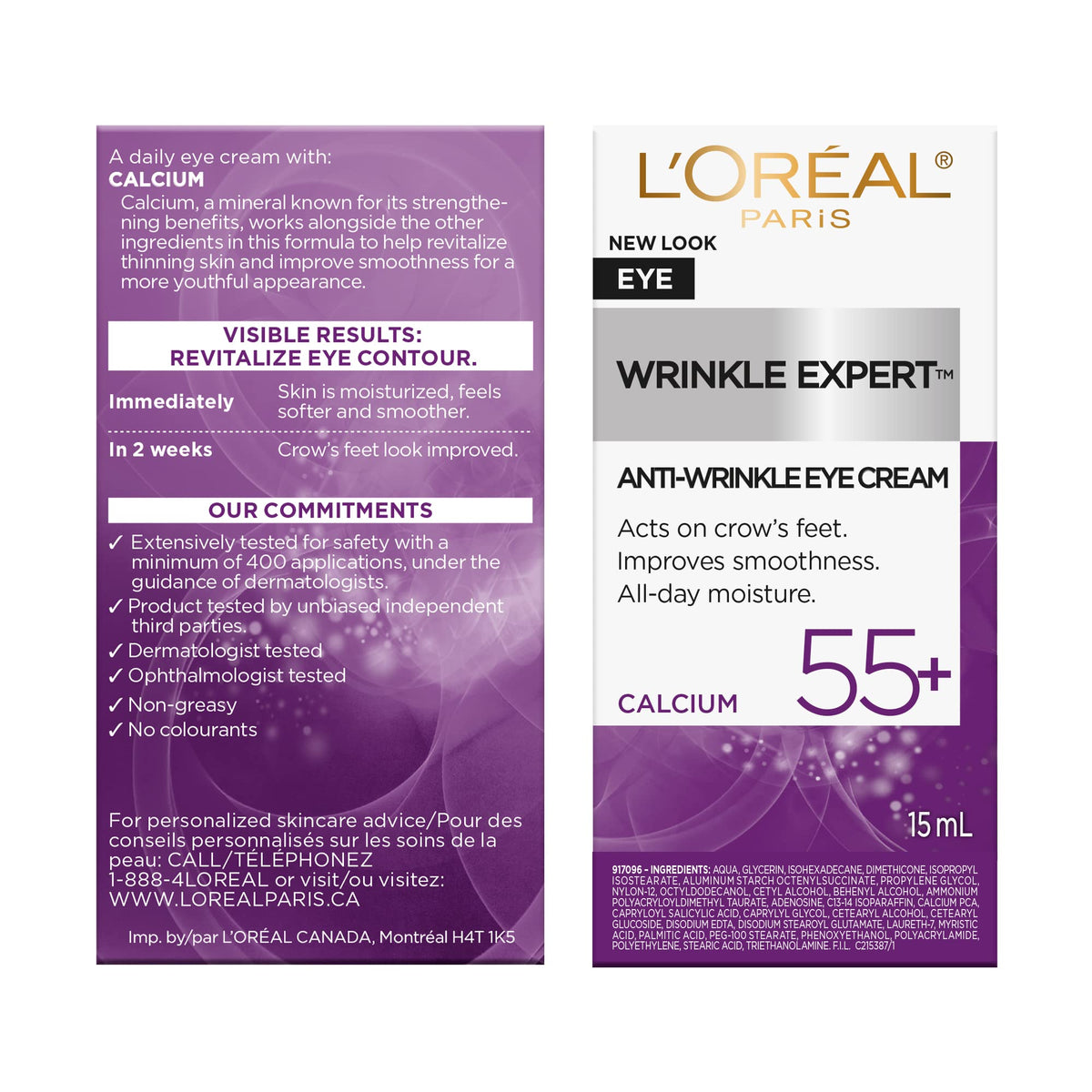 L'Oreal Paris anti wrinkle eye cream jar next to product outer box packaging