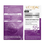 Overhead view of L'Oreal Paris Wrinkle Expert 55+ eye cream white jar