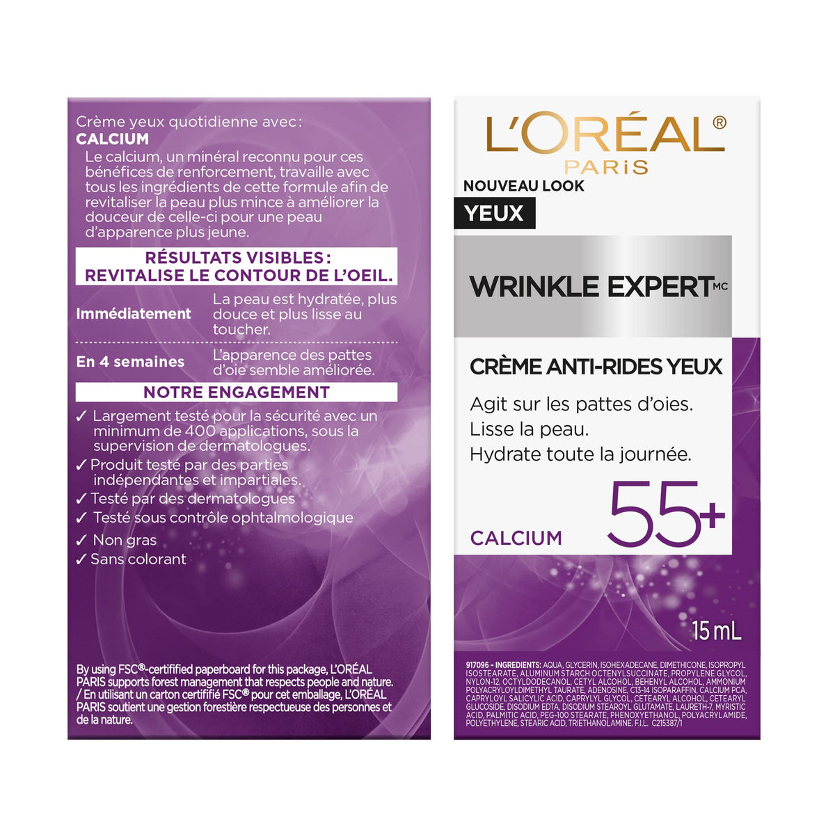 Overhead view of L'Oreal Paris Wrinkle Expert 55+ eye cream white jar