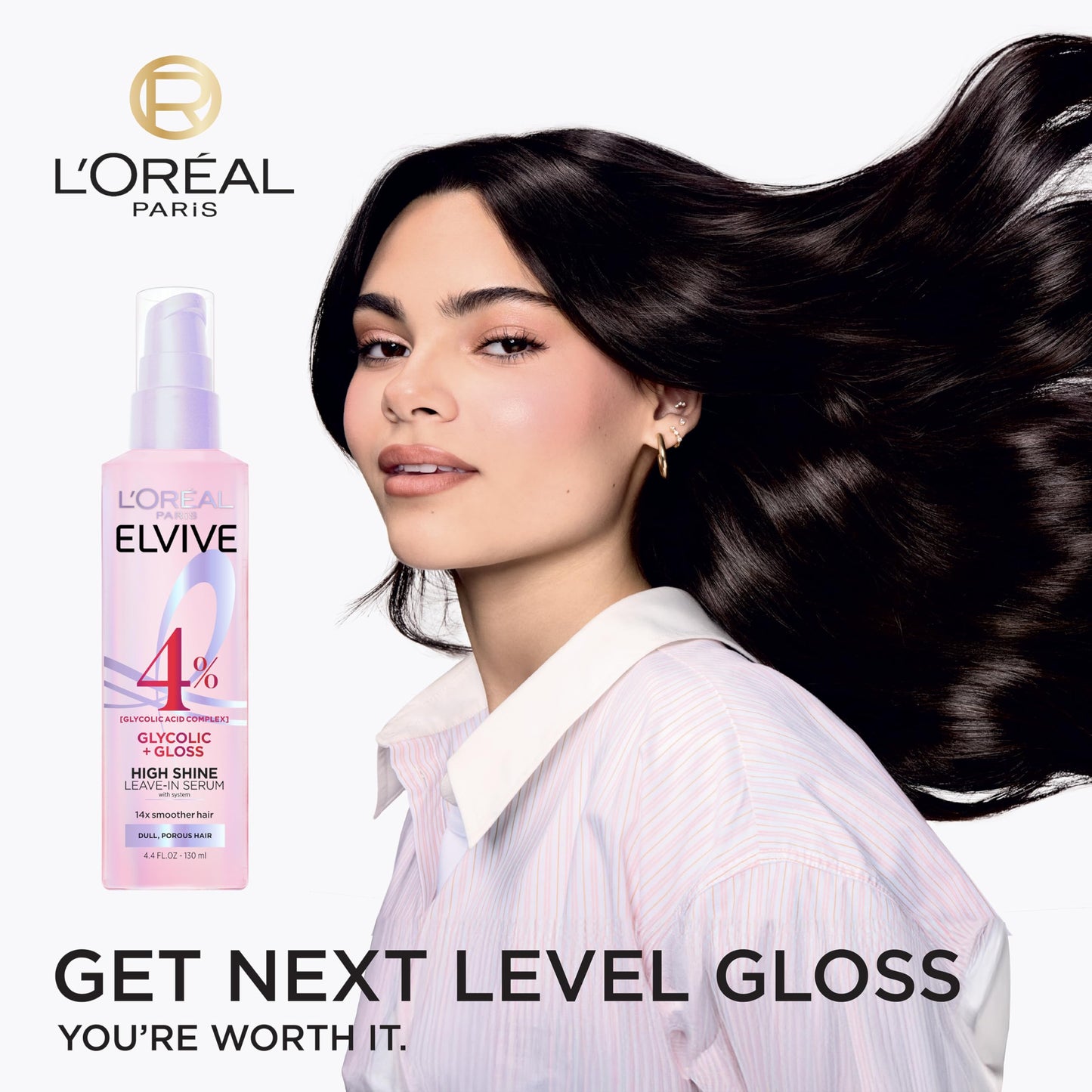 Close up of L'Oreal Paris Glycolic Gloss pink spray bottle