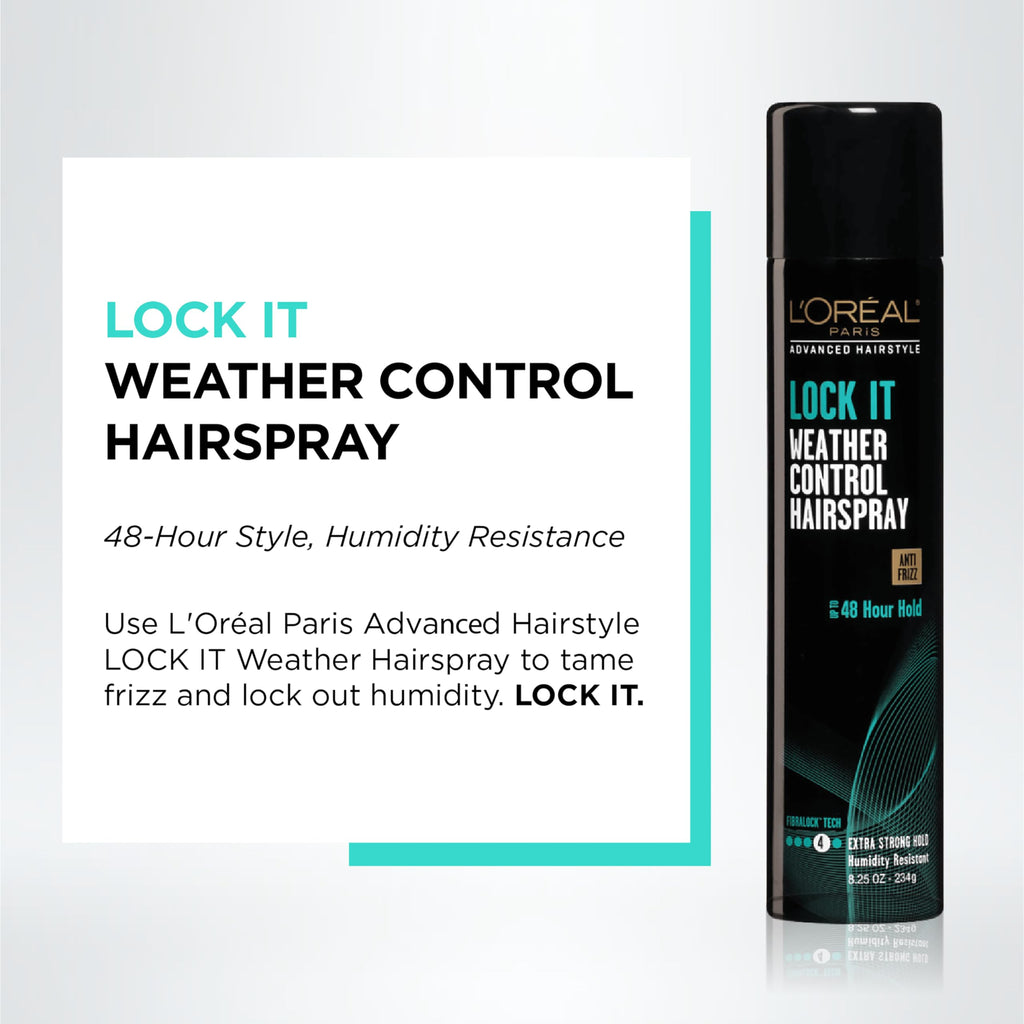 L'Oreal Paris Lock It Weather Control hair spray back label and instructions