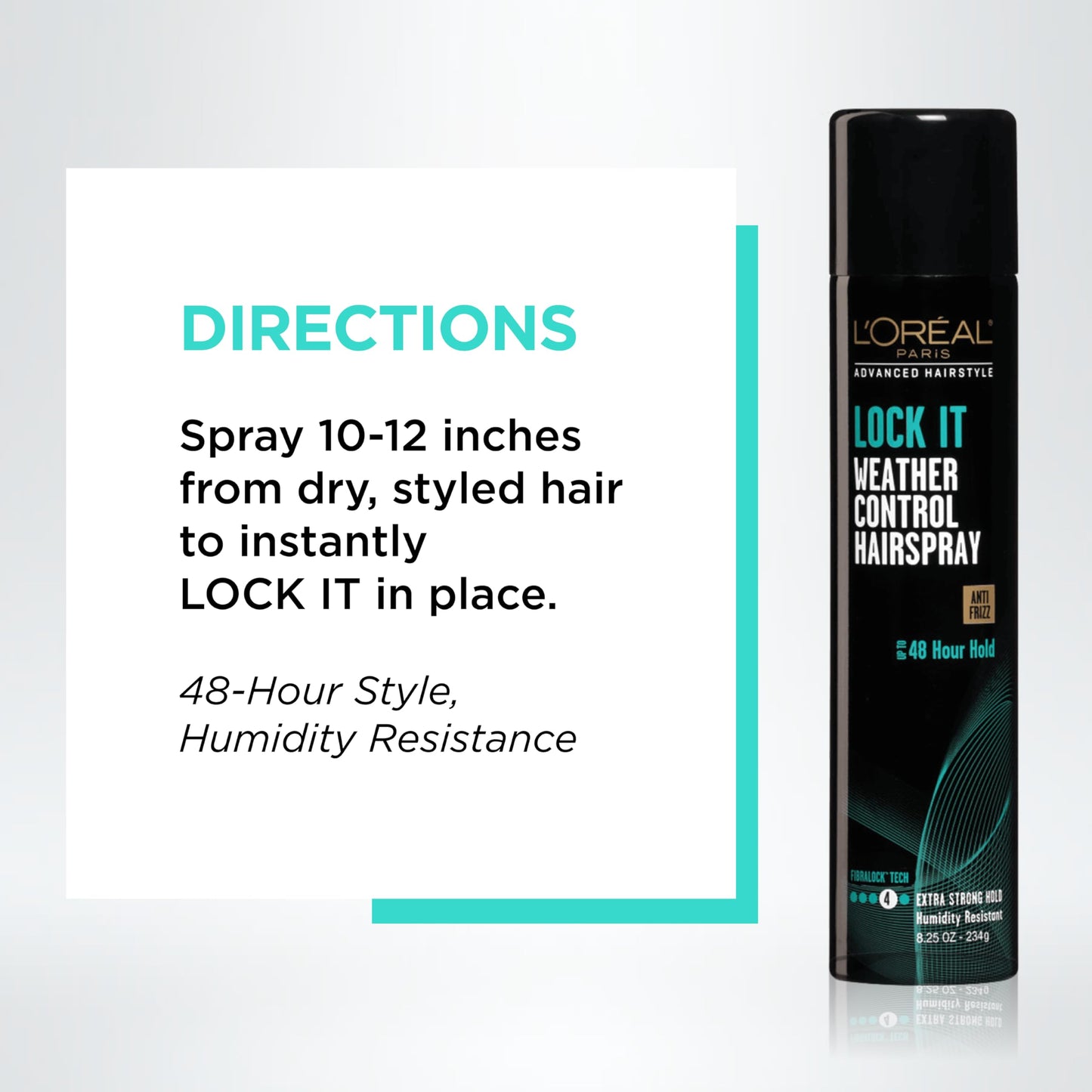 L'Oreal Paris Fibralock Tech weather control hairspray instructions panel