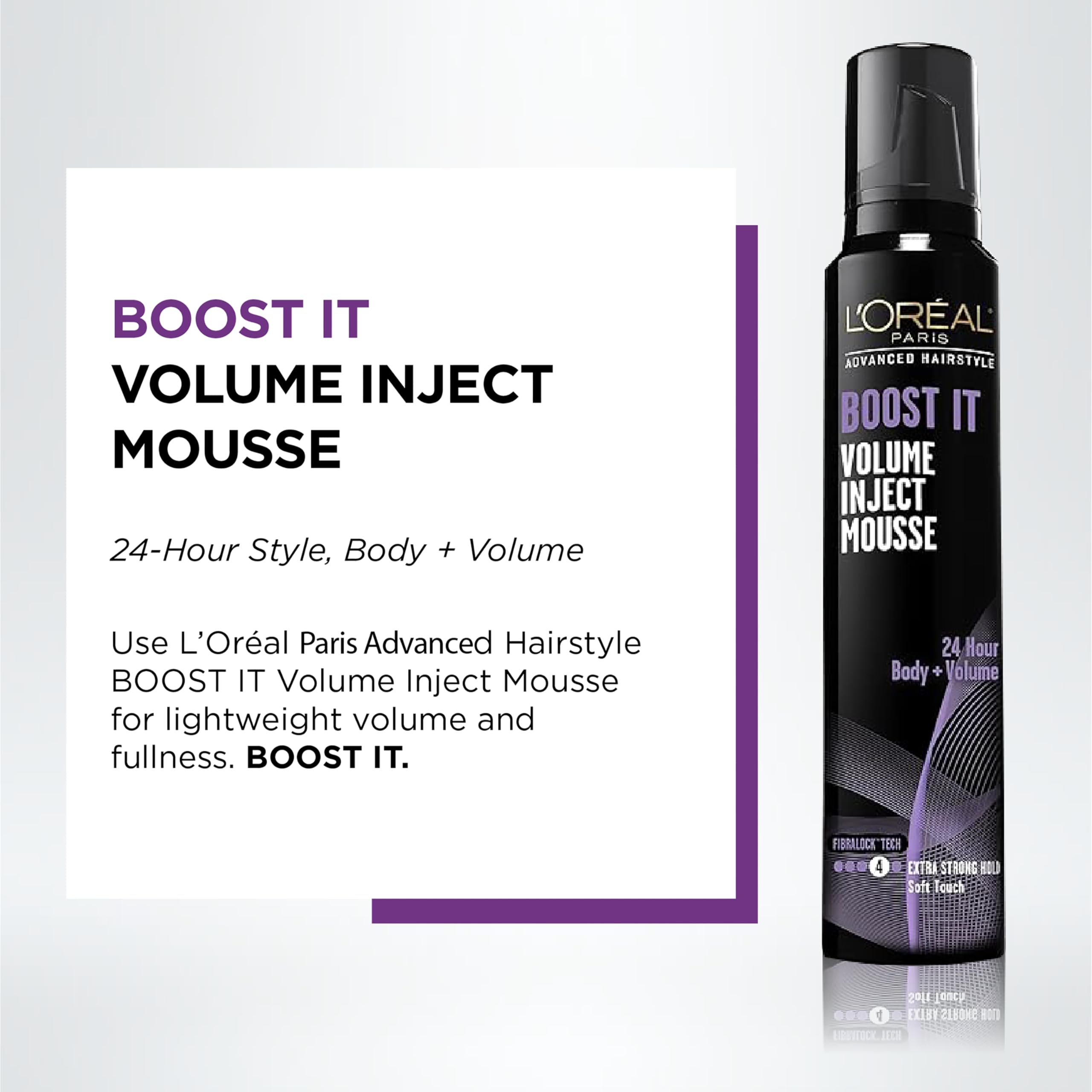 Angled view of the L'Oreal Paris Boost It hair foam packaging highlighting the 24 hour body and volume benefits.