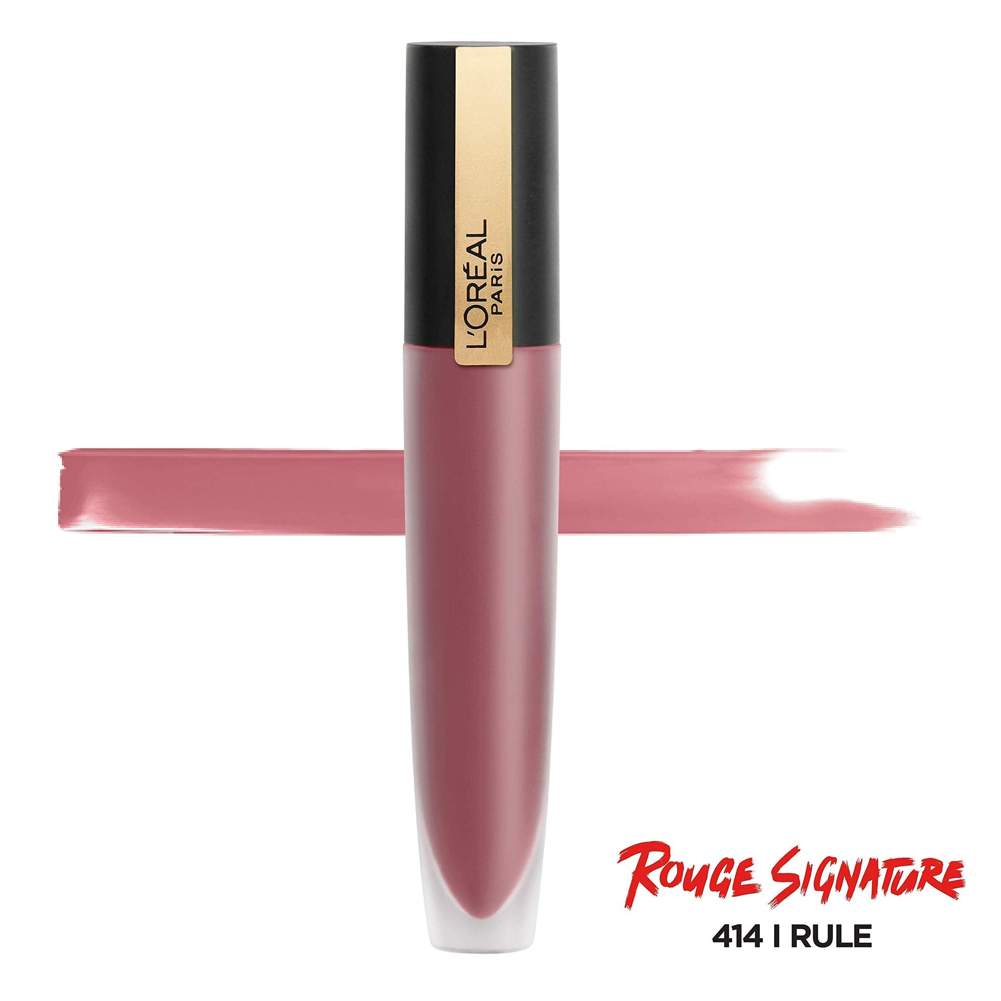 Close up view of the teardrop applicator tip of the L'Oreal Rouge Signature liquid lipstick detailing the shape built for precise lining.