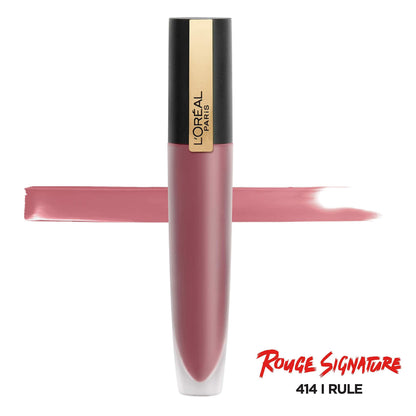 Close up view of the teardrop applicator tip of the L'Oreal Rouge Signature liquid lipstick detailing the shape built for precise lining.