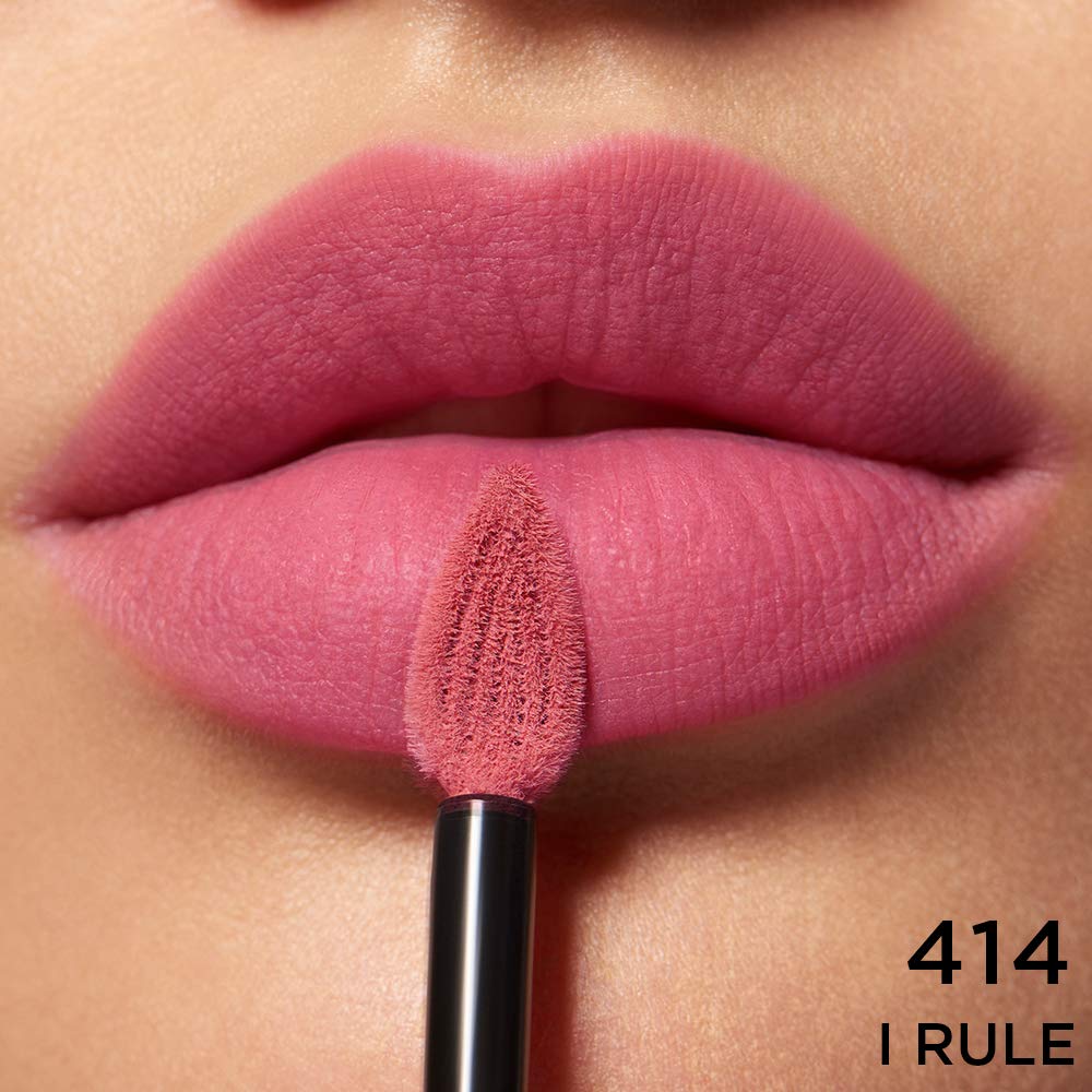 Texture swatch of the lightweight matte liquid lip ink formula showing the high pigment finish of shade 414 I Rule.