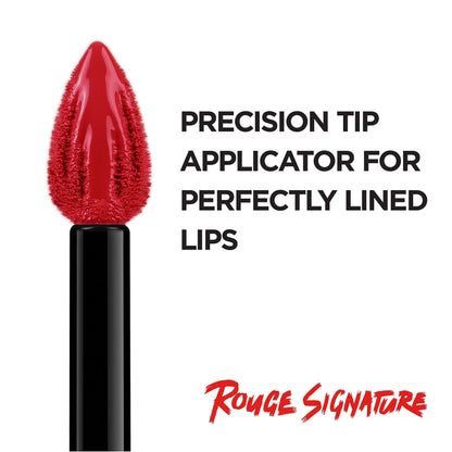 L'Oreal Rouge Signature Matte Lip Stain tube resting horizontally to show the color window and signature black cap.