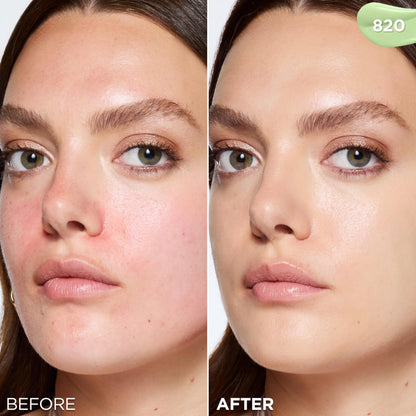 Green formula texture of the L'OrÃ©al color-correcting skin beautifier lotion on a white background.