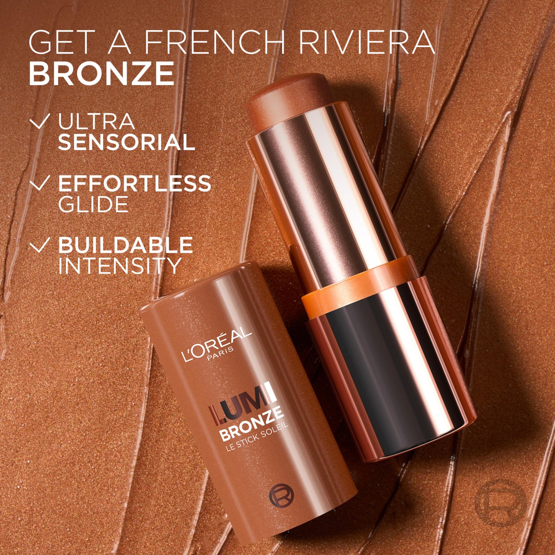 Sunkissed Rose bronzing stick texture swatch displaying the shimmery coppery rose undertone.