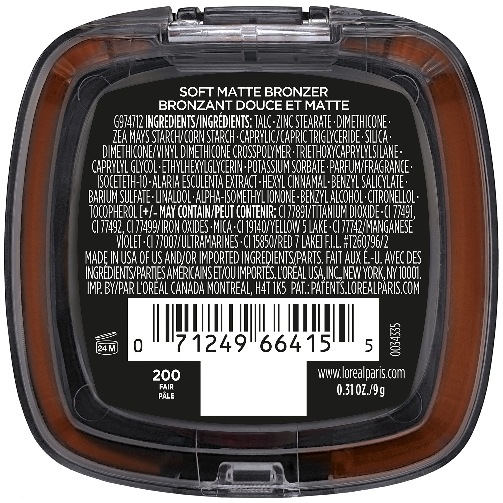 L'Oreal Paris Infallible Sweatproof Bronzer compact base detailing the product weight and specifications.