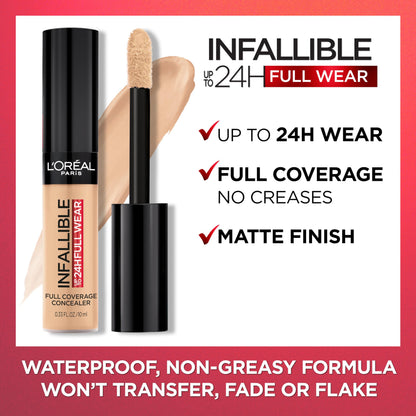 L'Oreal Paris Infallible Full Wear Multi Use Liquid Concealer Cashmere displayed with its oversized applicator cap open