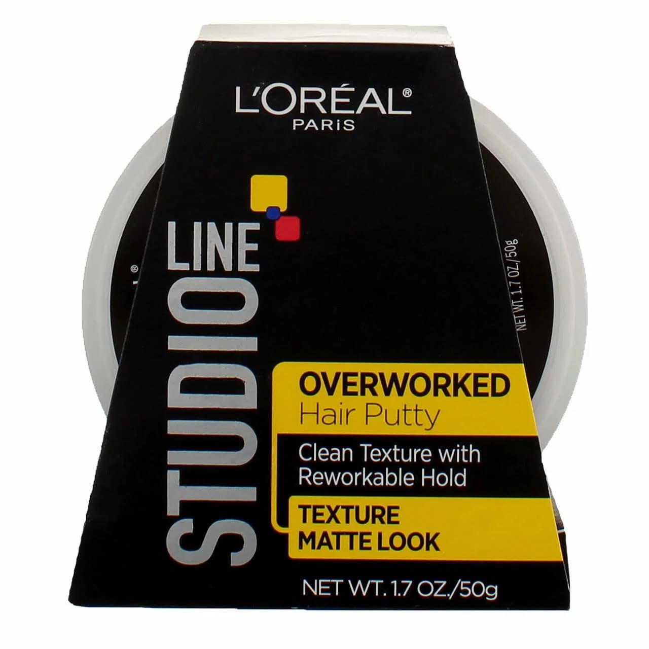 Side view of L'Oreal Overworked Hair Putty jar