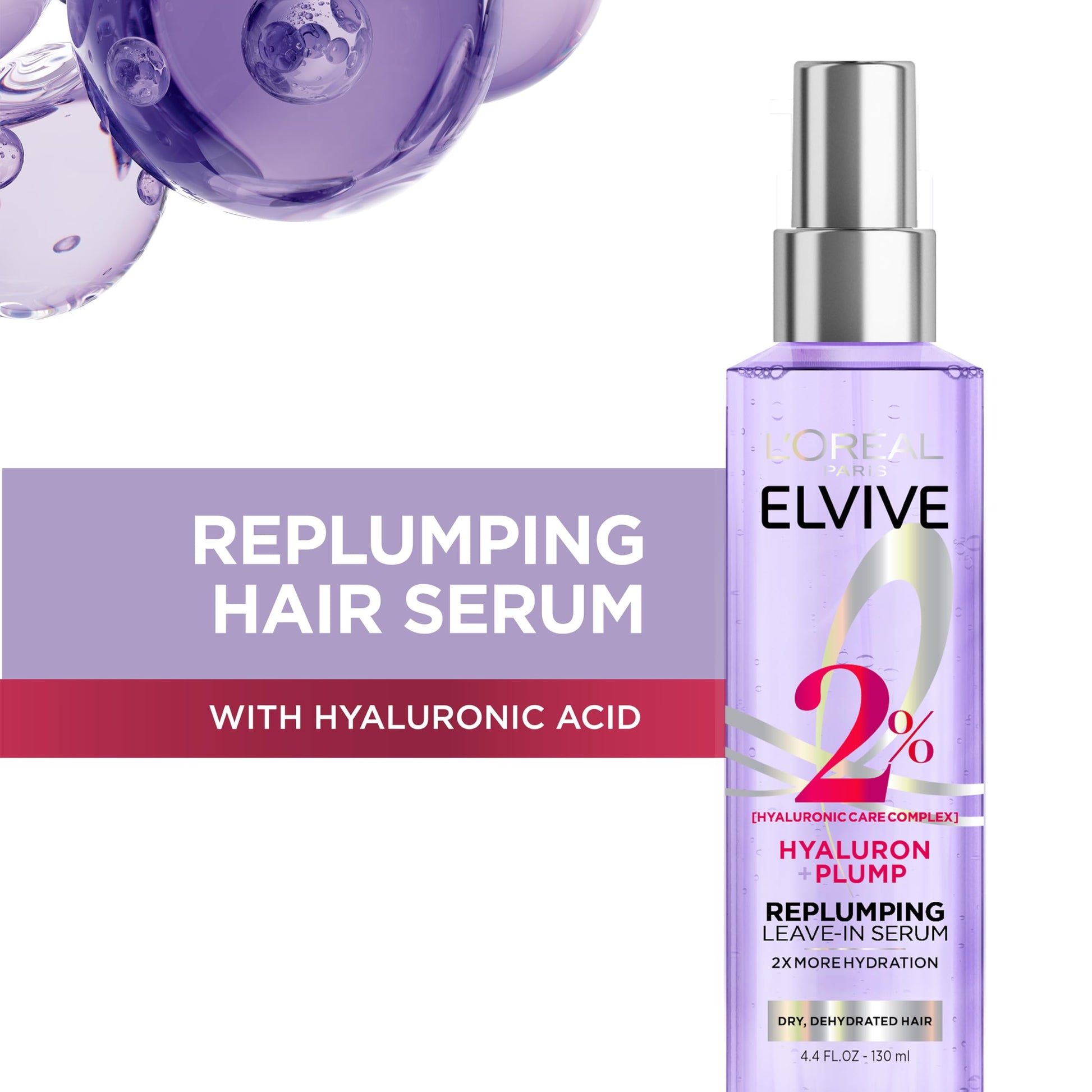 Elvive Hyaluron Plump leave-in spray serum highlighting the 2% Hyaluronic Care Complex label.