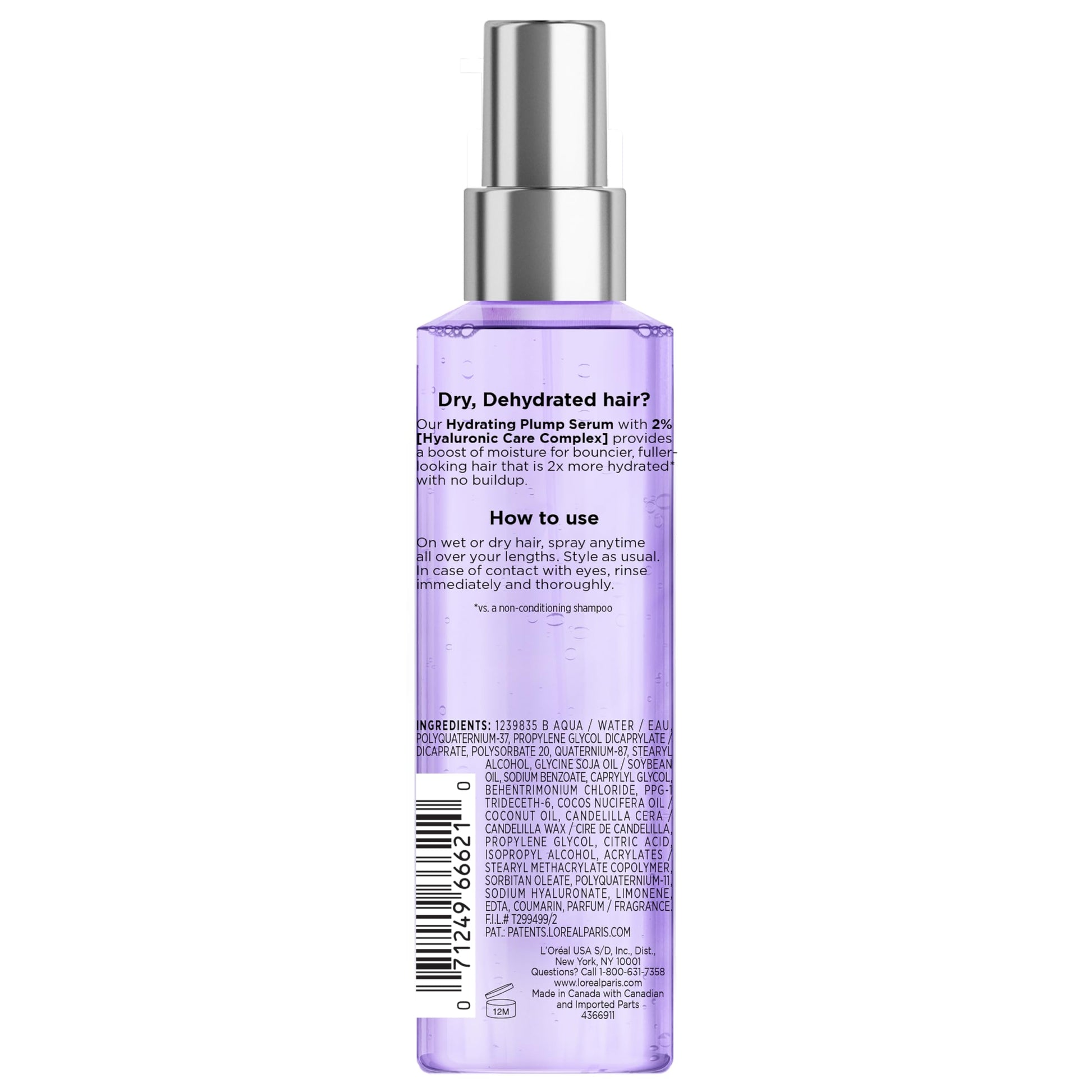Authentic USA imported L'Oreal Paris Elvive Hyaluron Plump hair serum product packaging.