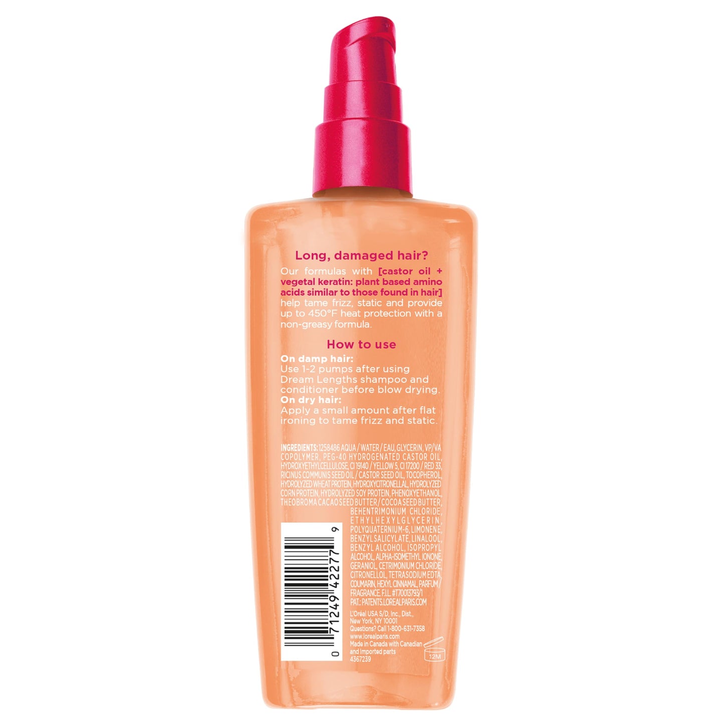 L'Oreal Paris Elvive Dream Lengths Frizz Killer 100ml hair serum bottle angled view.