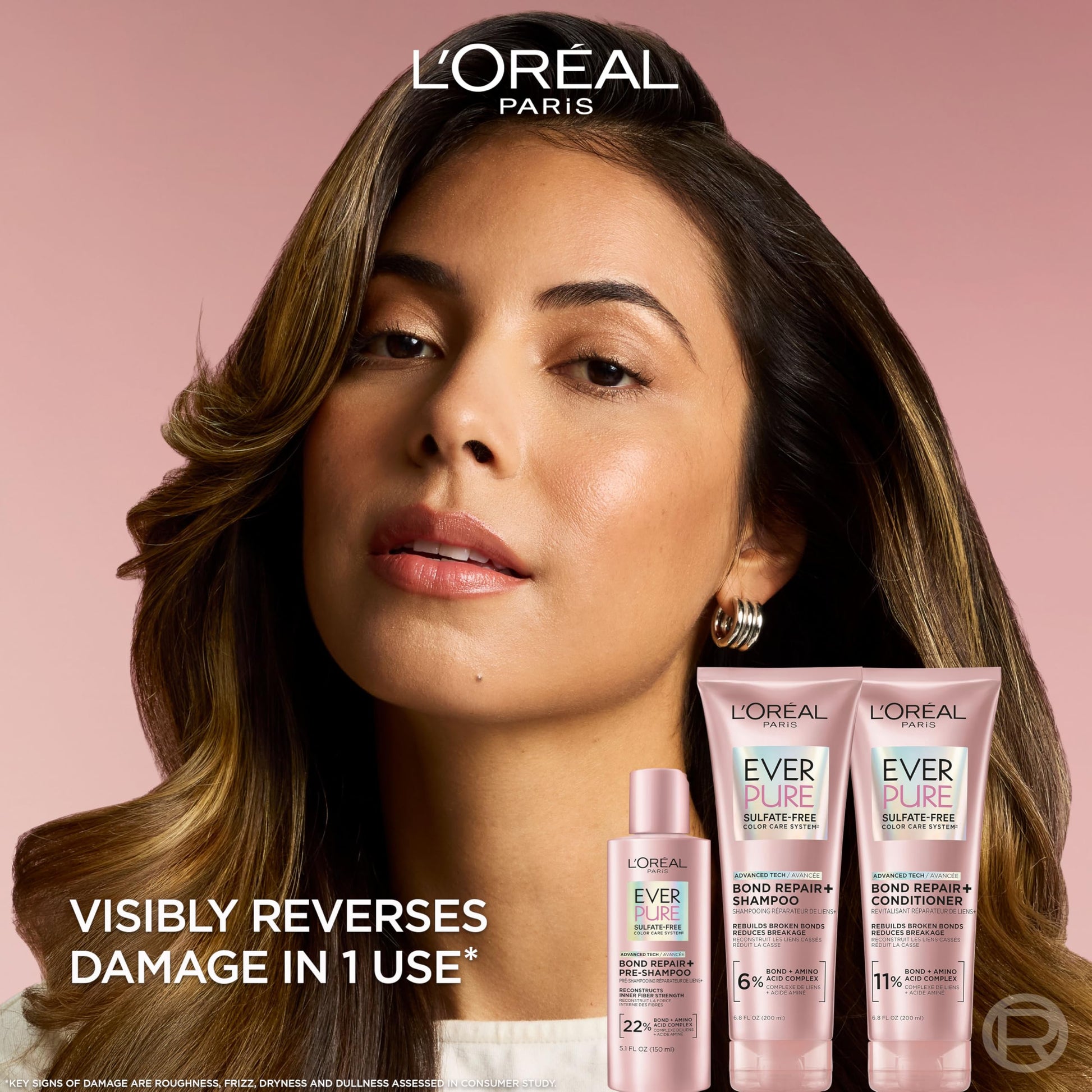 L'Oreal Paris EverPure Bond Repair Shampoo bottle close up showing sulfate free vegan formula