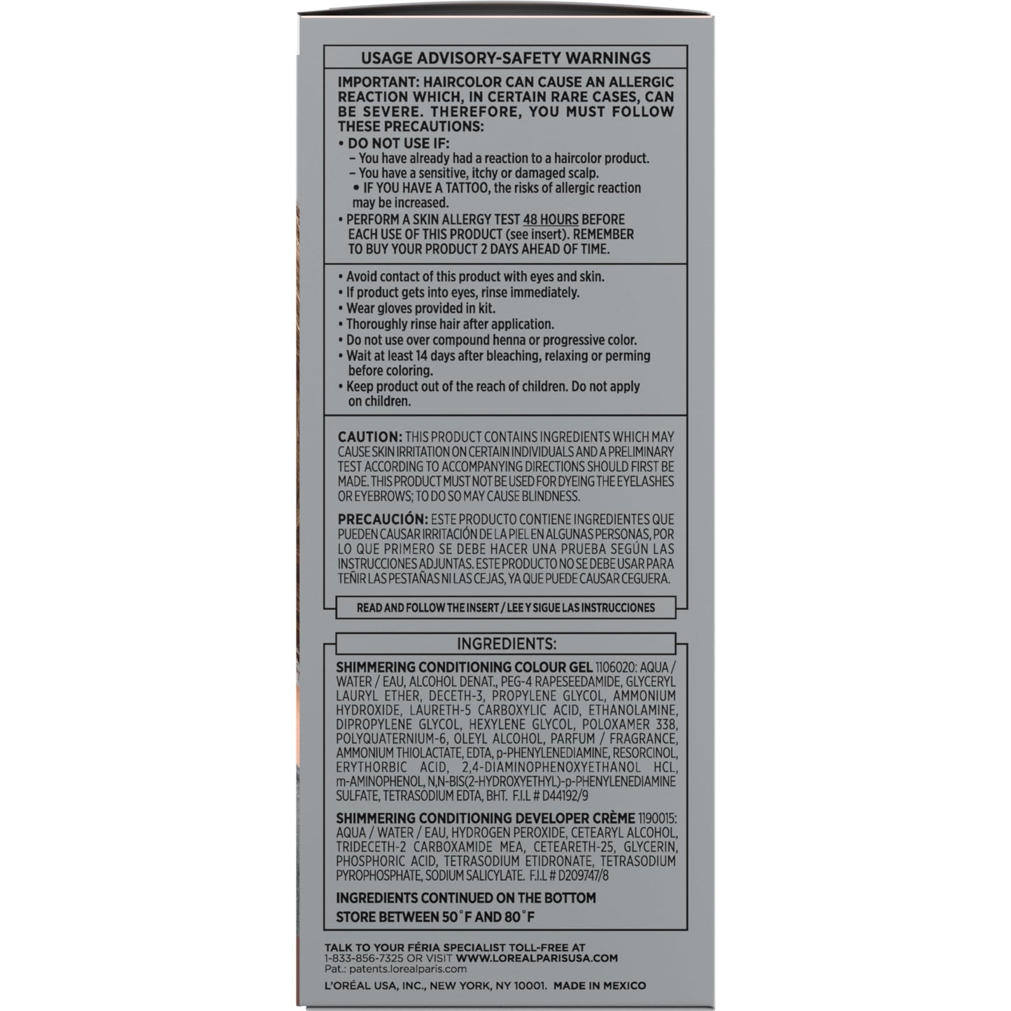 L'Oreal Paris Feria cool ash brown permanent hair dye box side showing ingredient safety instructions