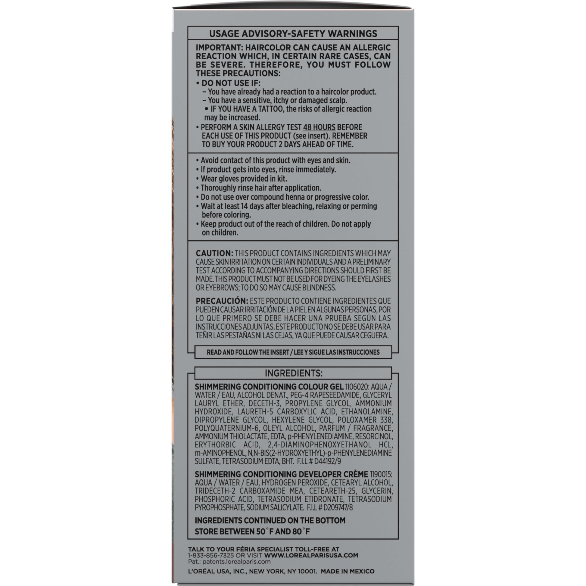 L'Oreal Paris Feria cool ash brown permanent hair dye box side showing ingredient safety instructions