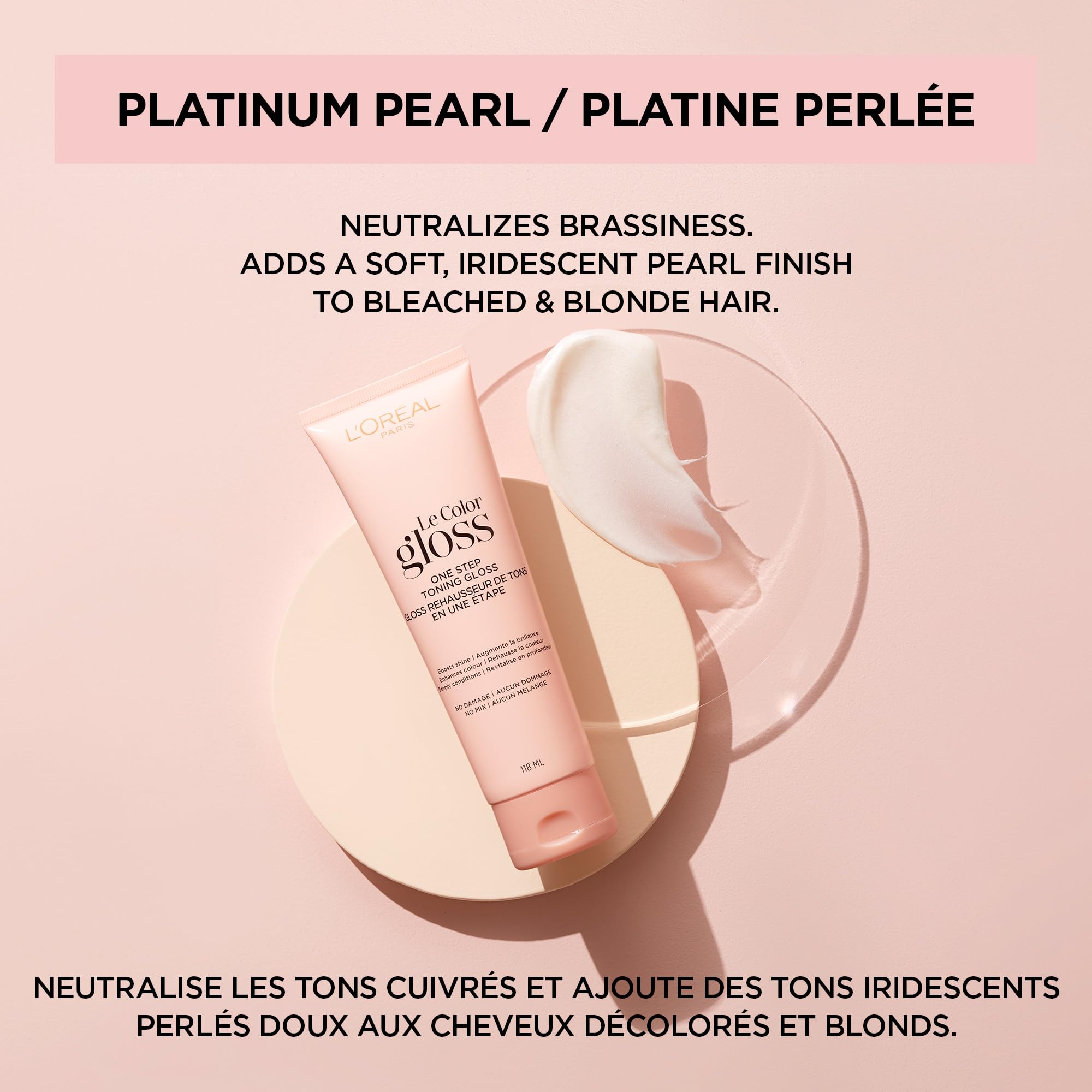 Back label view of L'Oreal Paris toning gloss showing ingredients and application timing instructions.