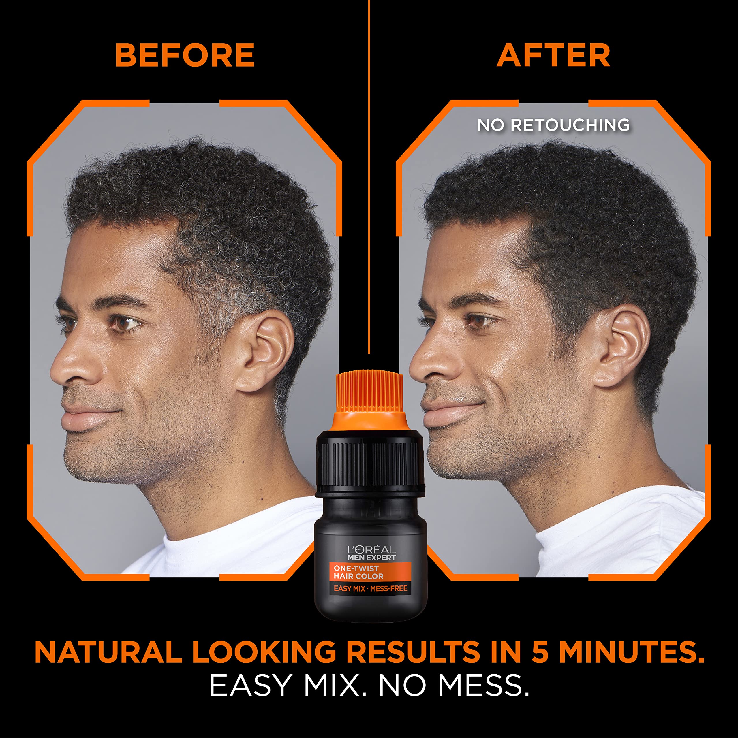 Ammonia free permanent hair dye application kit for men showing the innovative twist bottle.