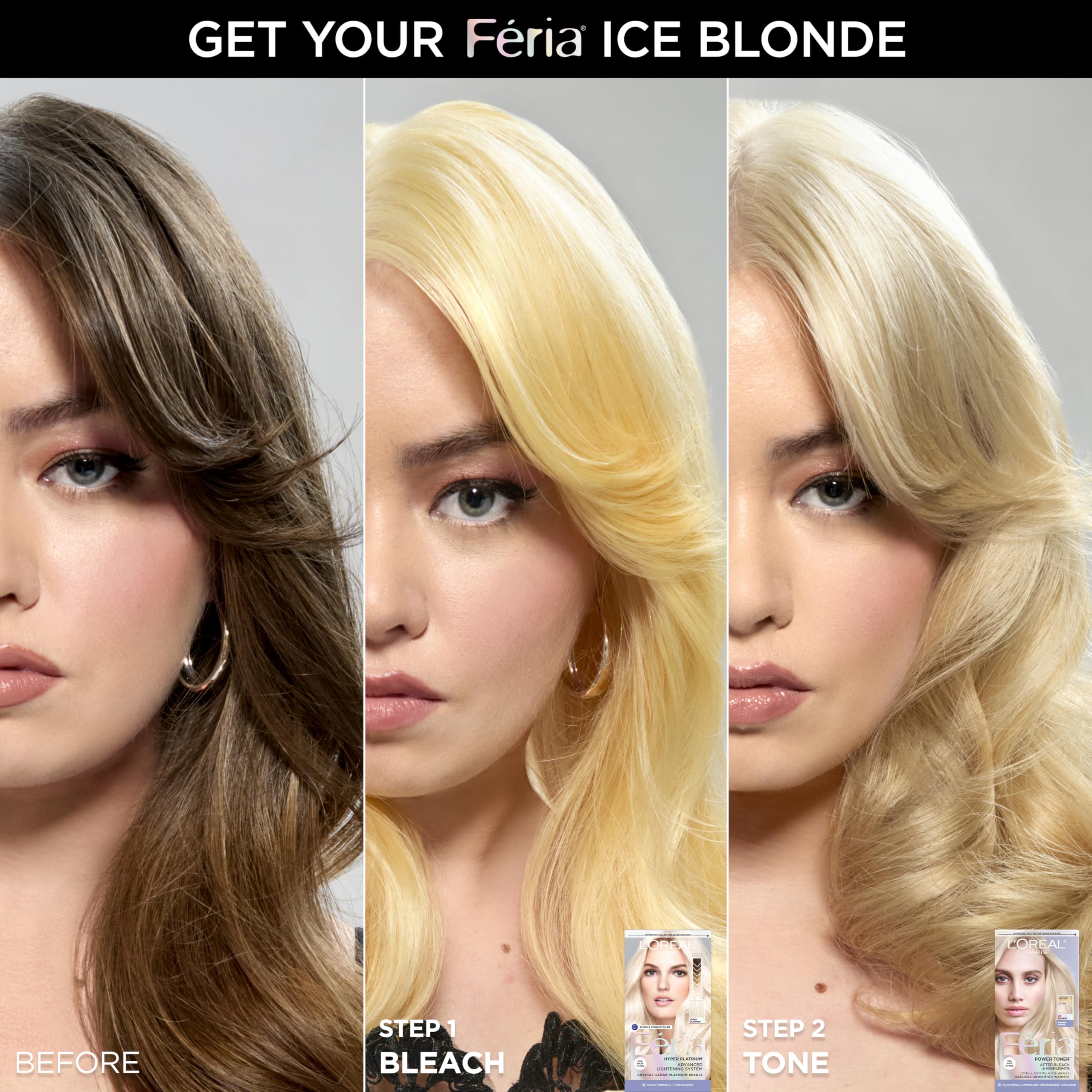 L'Oreal Paris Feria hair bleach kit contents showing bleaching powder, developer, and purple conditioner.